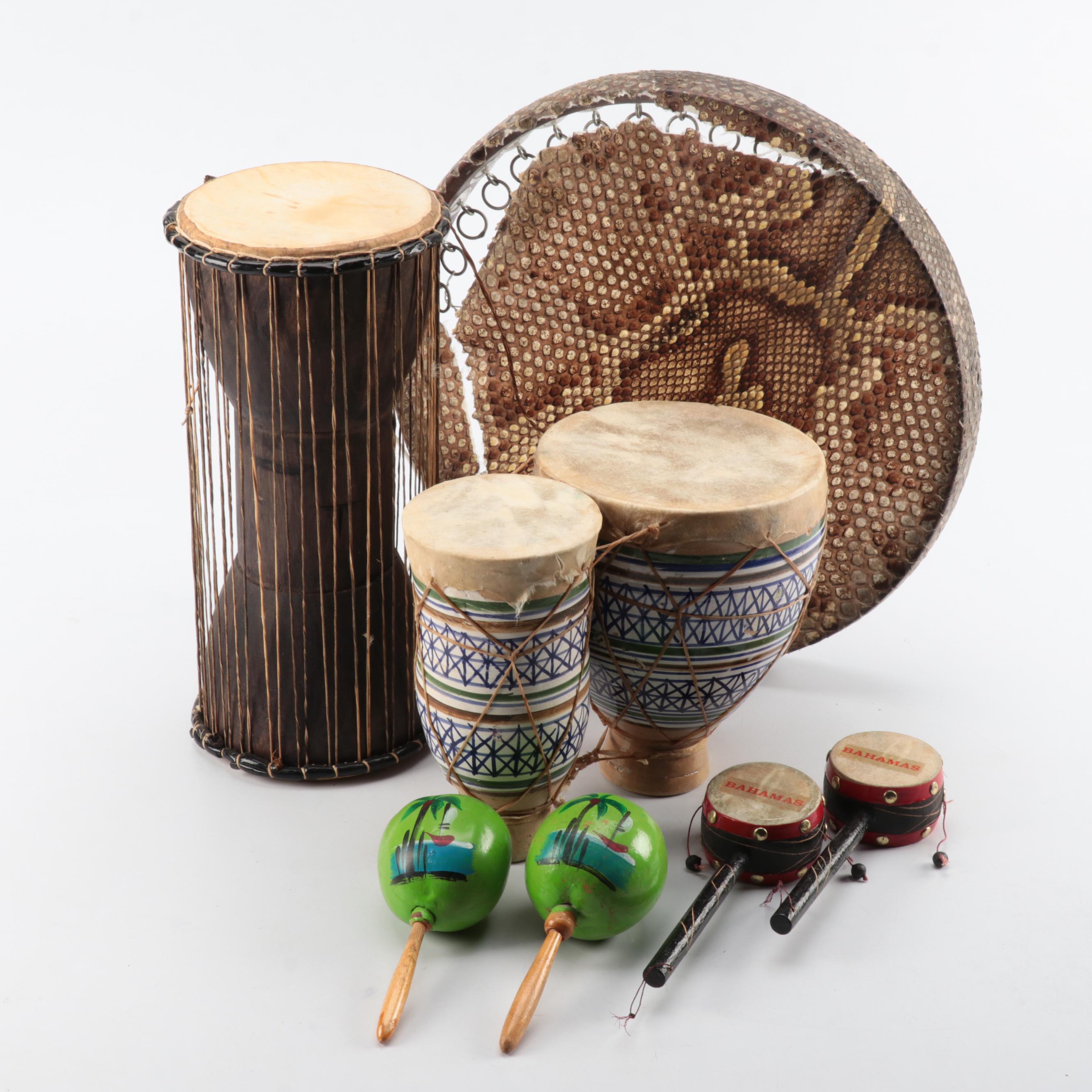 Moroccan Tbilat Drum, Persian Daf Drum and Tourist Maracas and Hand Drums