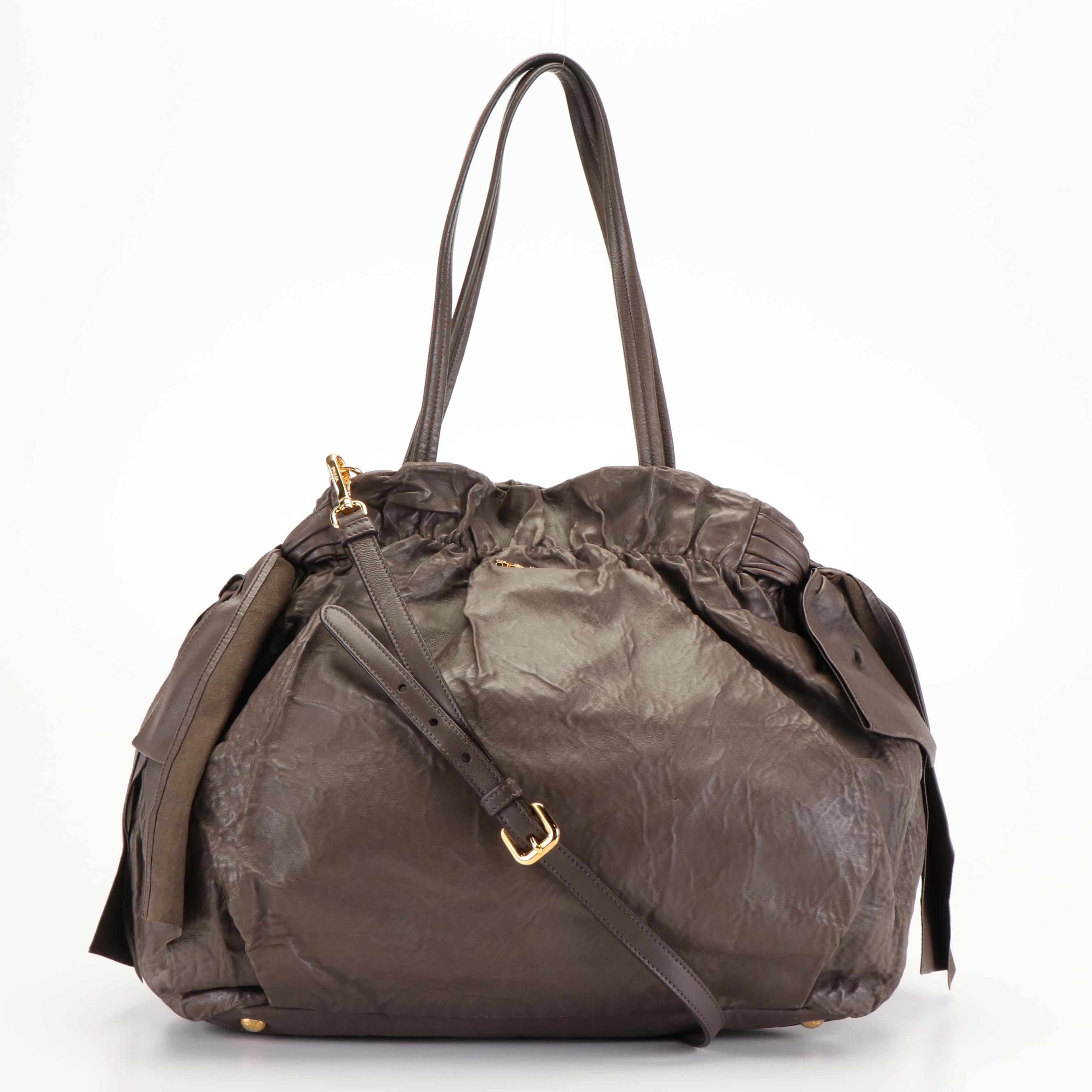 Prada Two-Way Tote Bag in Gathered Leather With Bow Detail