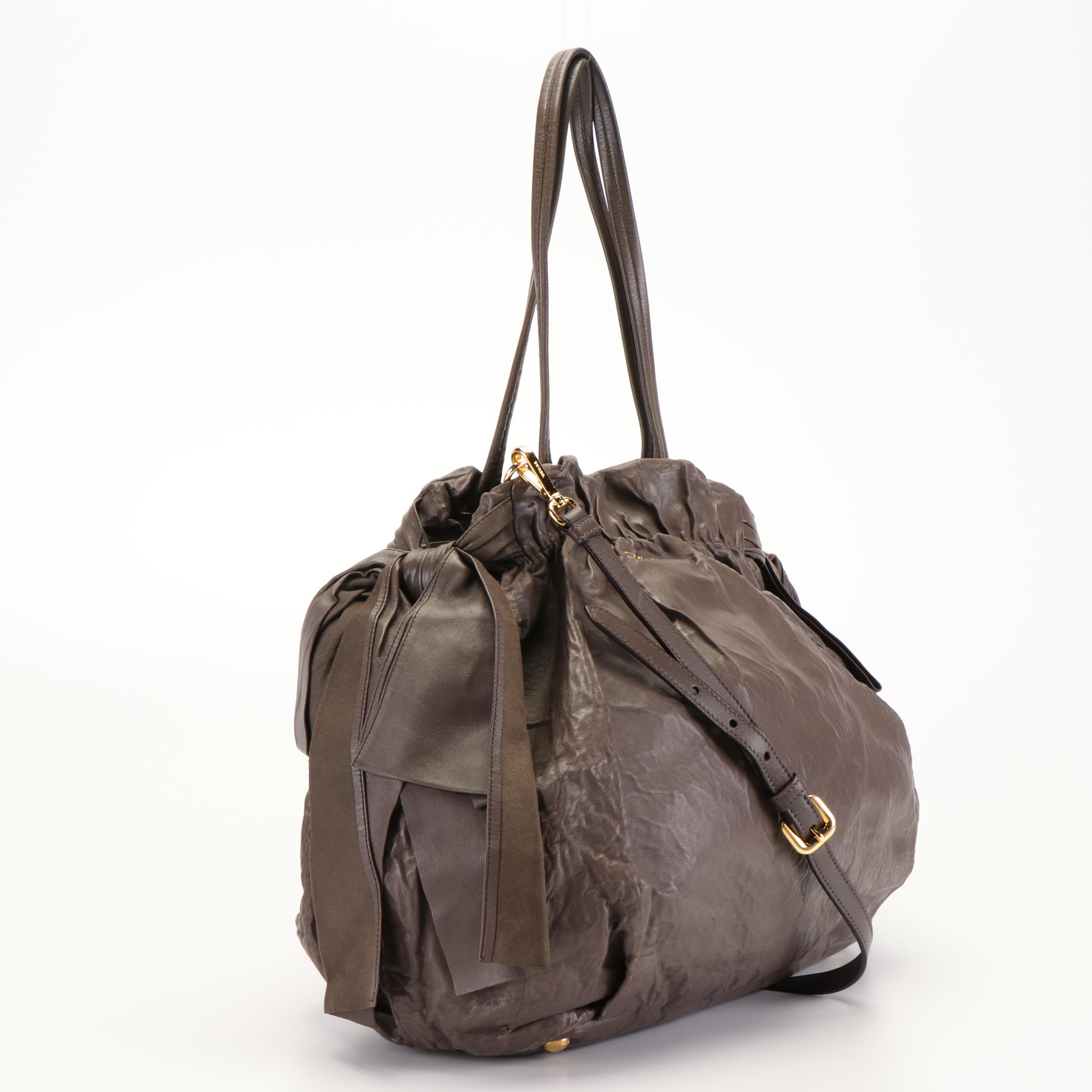 Prada Two-Way Tote Bag in Gathered Leather With Bow Detail