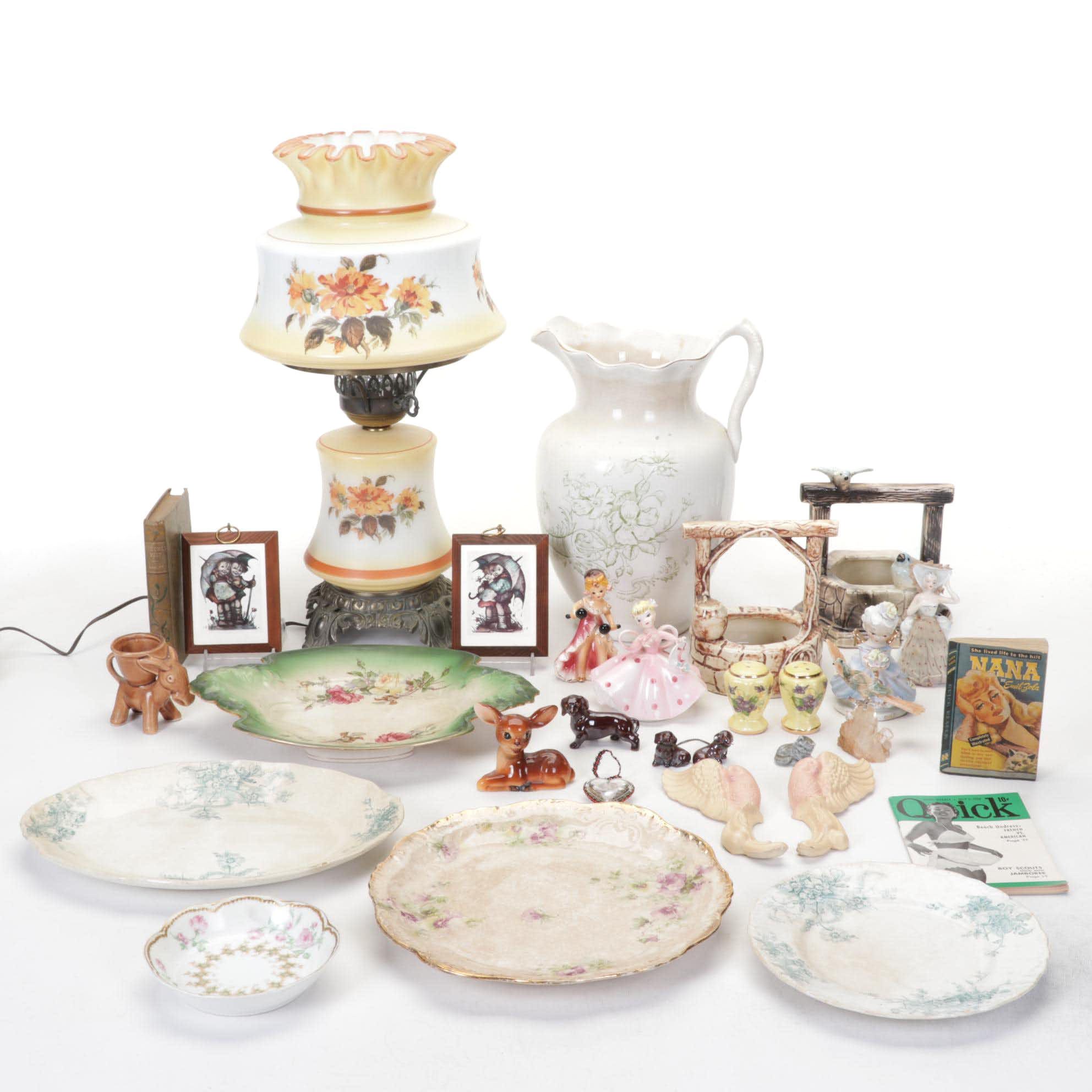 Victorian Style Glass and Metal Lamp, Ceramic Figurines and Porcelain Plates