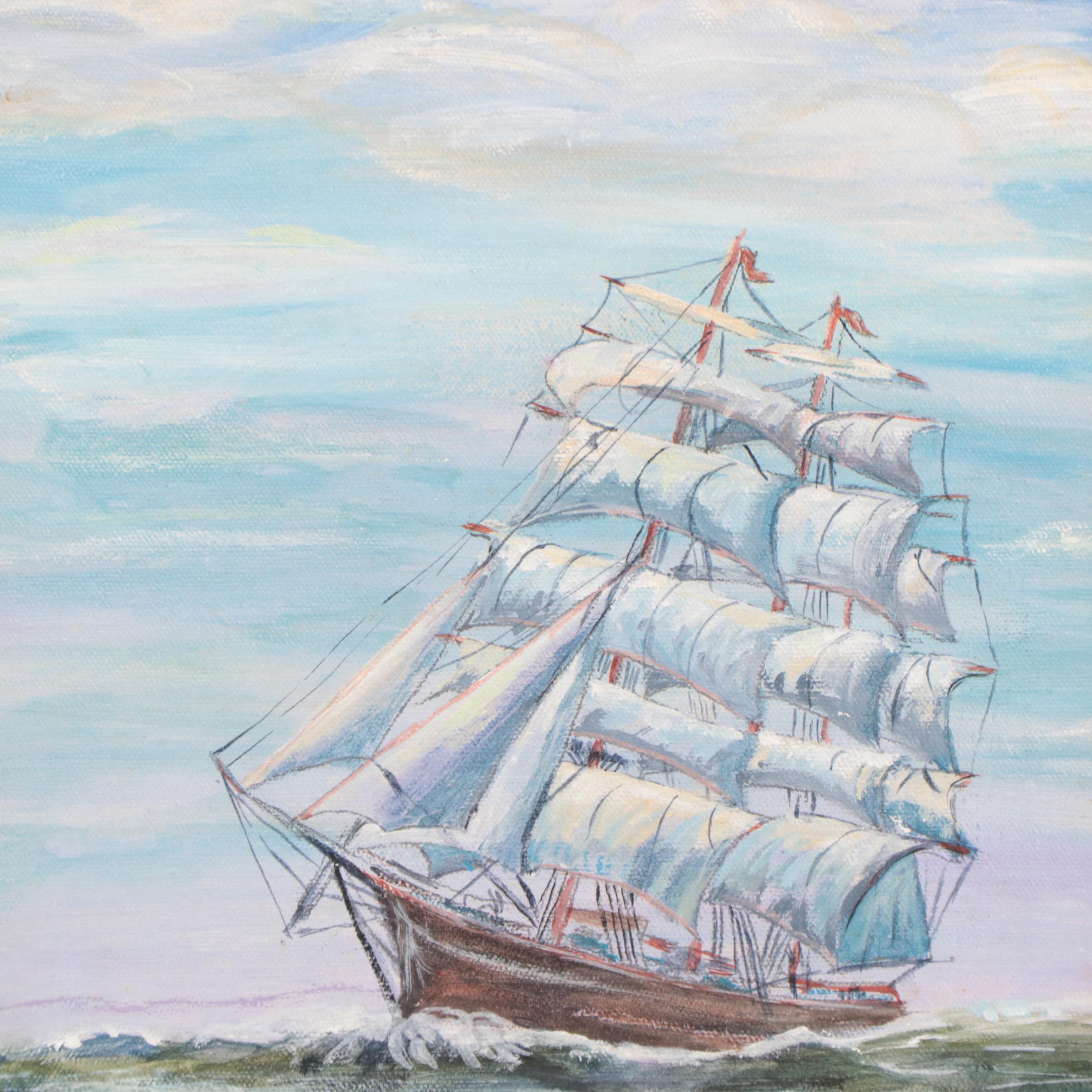 Nautical Oil Painting of Triple-Masted Ship, 1979
