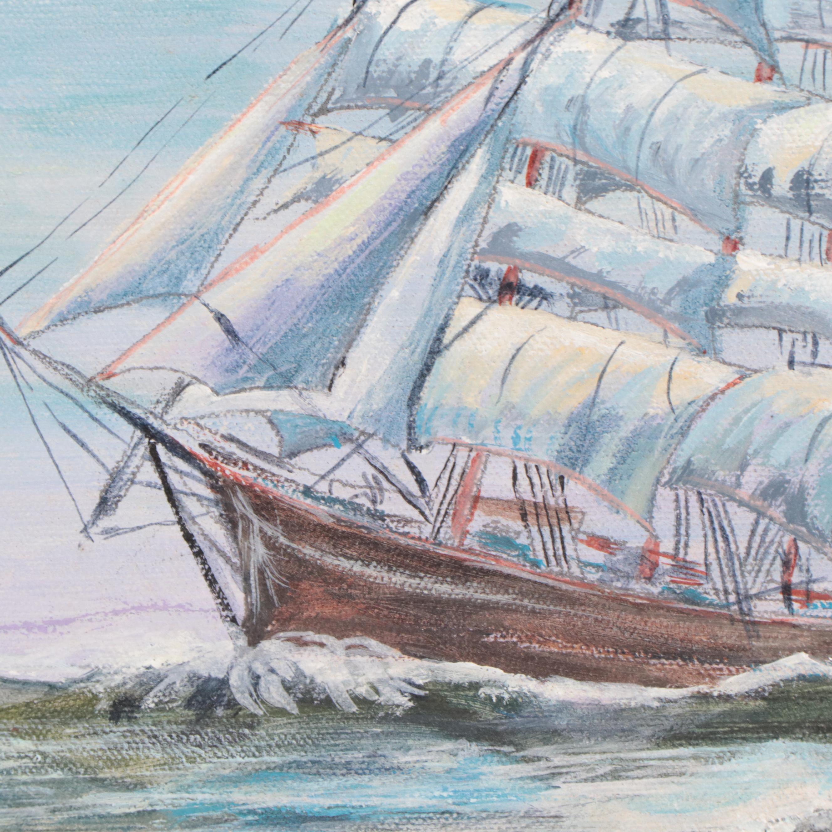 Nautical Oil Painting of Triple-Masted Ship, 1979