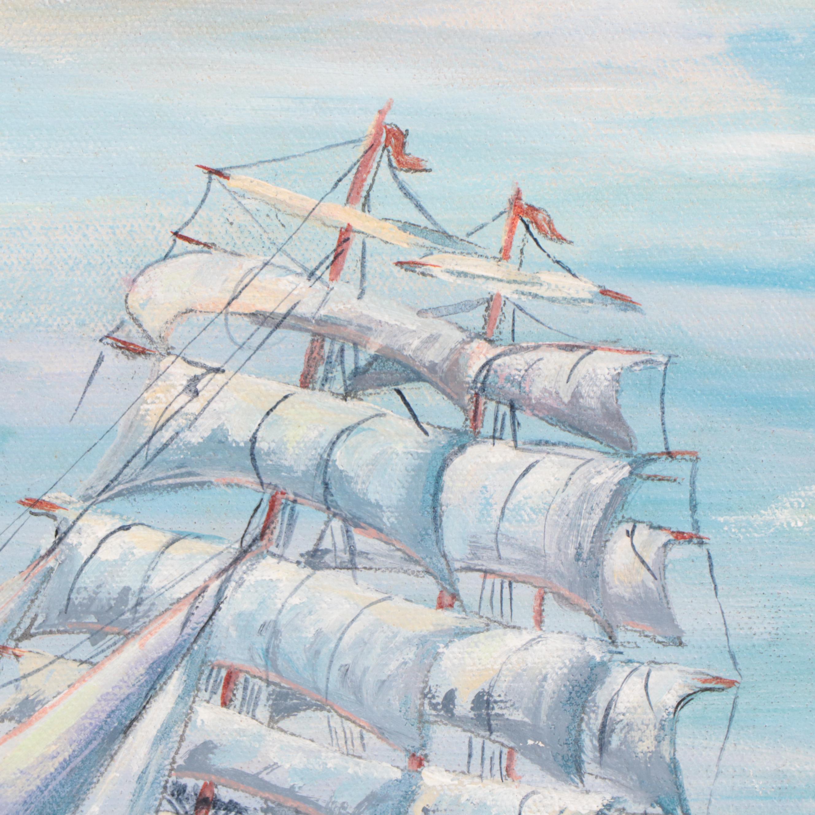 Nautical Oil Painting of Triple-Masted Ship, 1979