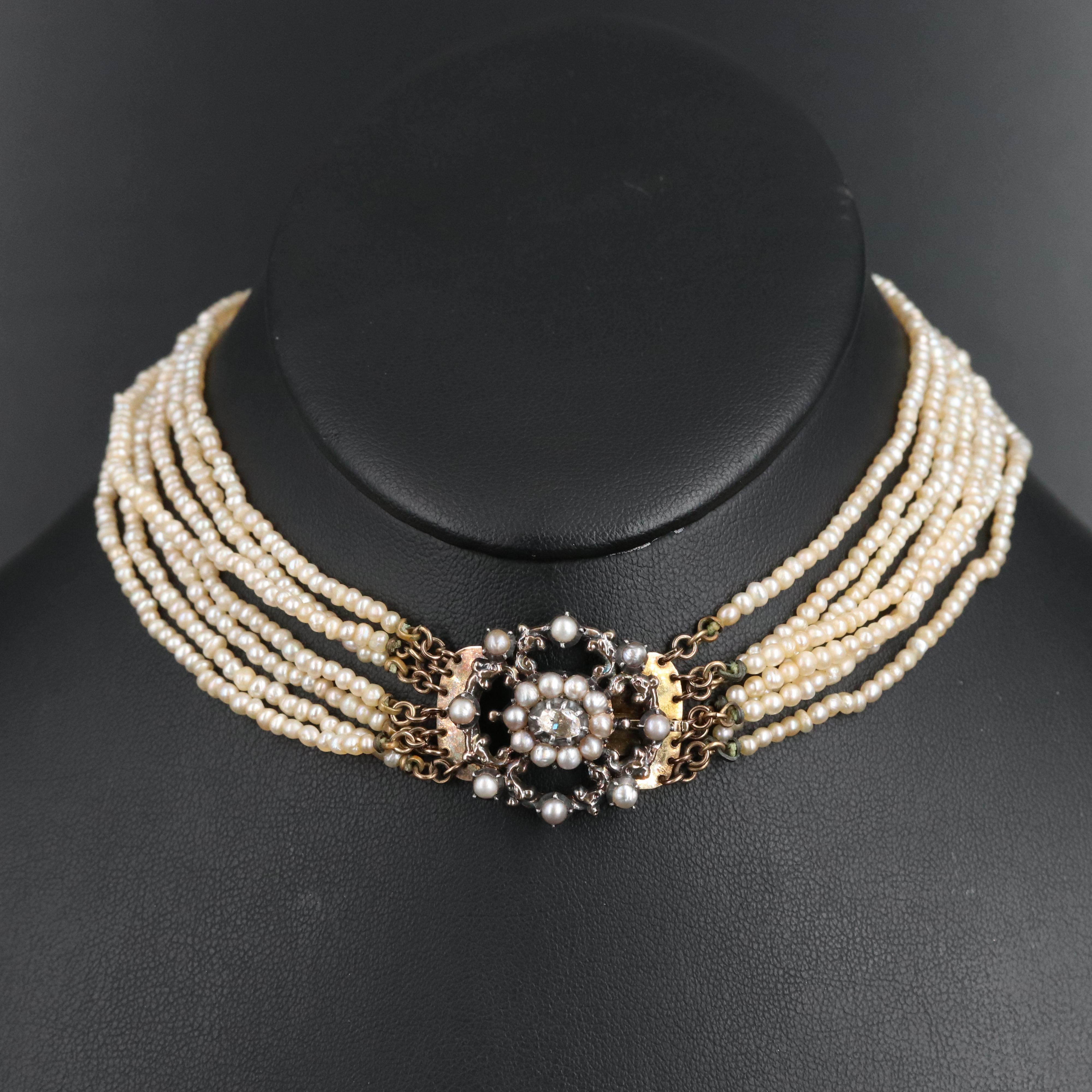 Edwardian Seed Pearl and Diamond Choker
