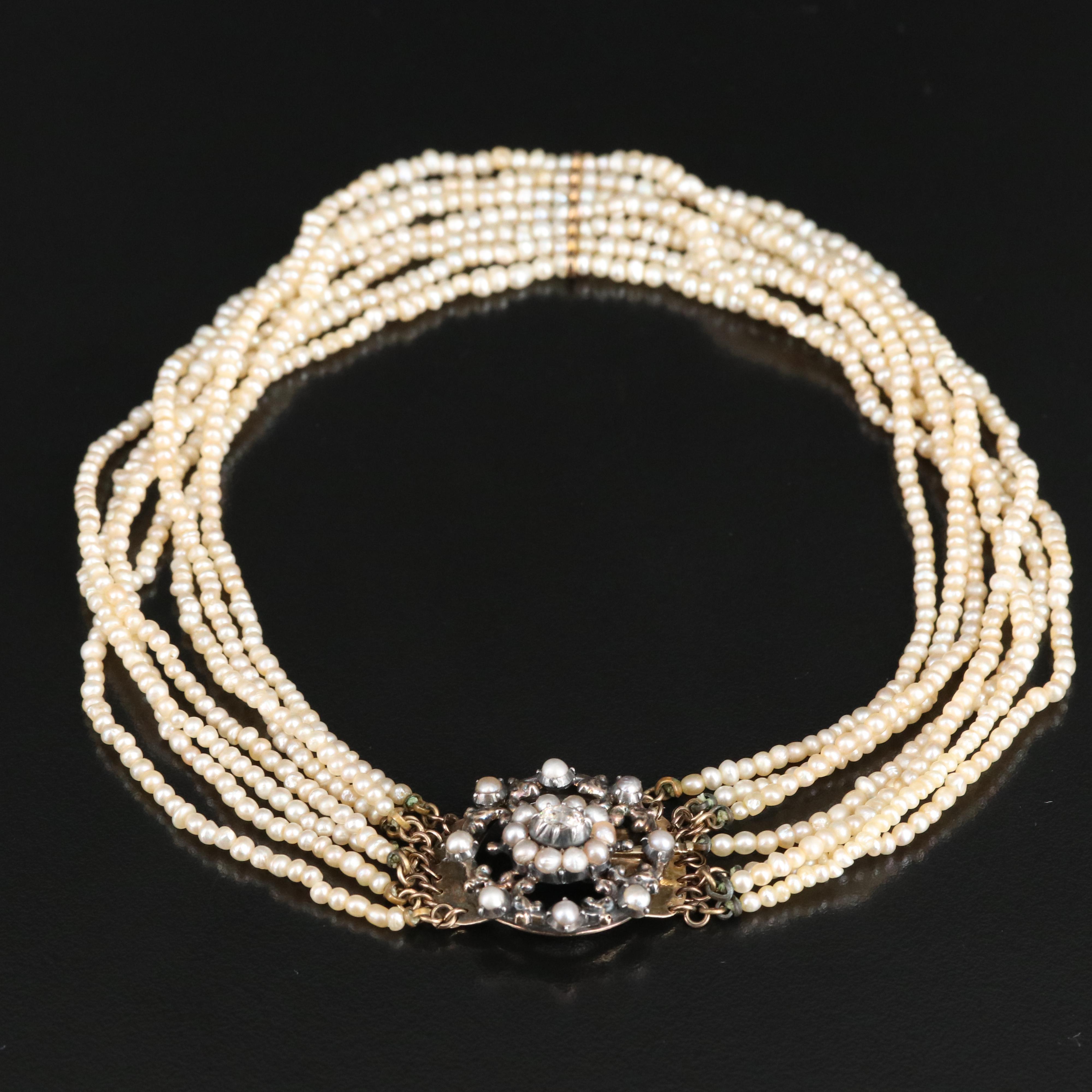 Edwardian Seed Pearl and Diamond Choker
