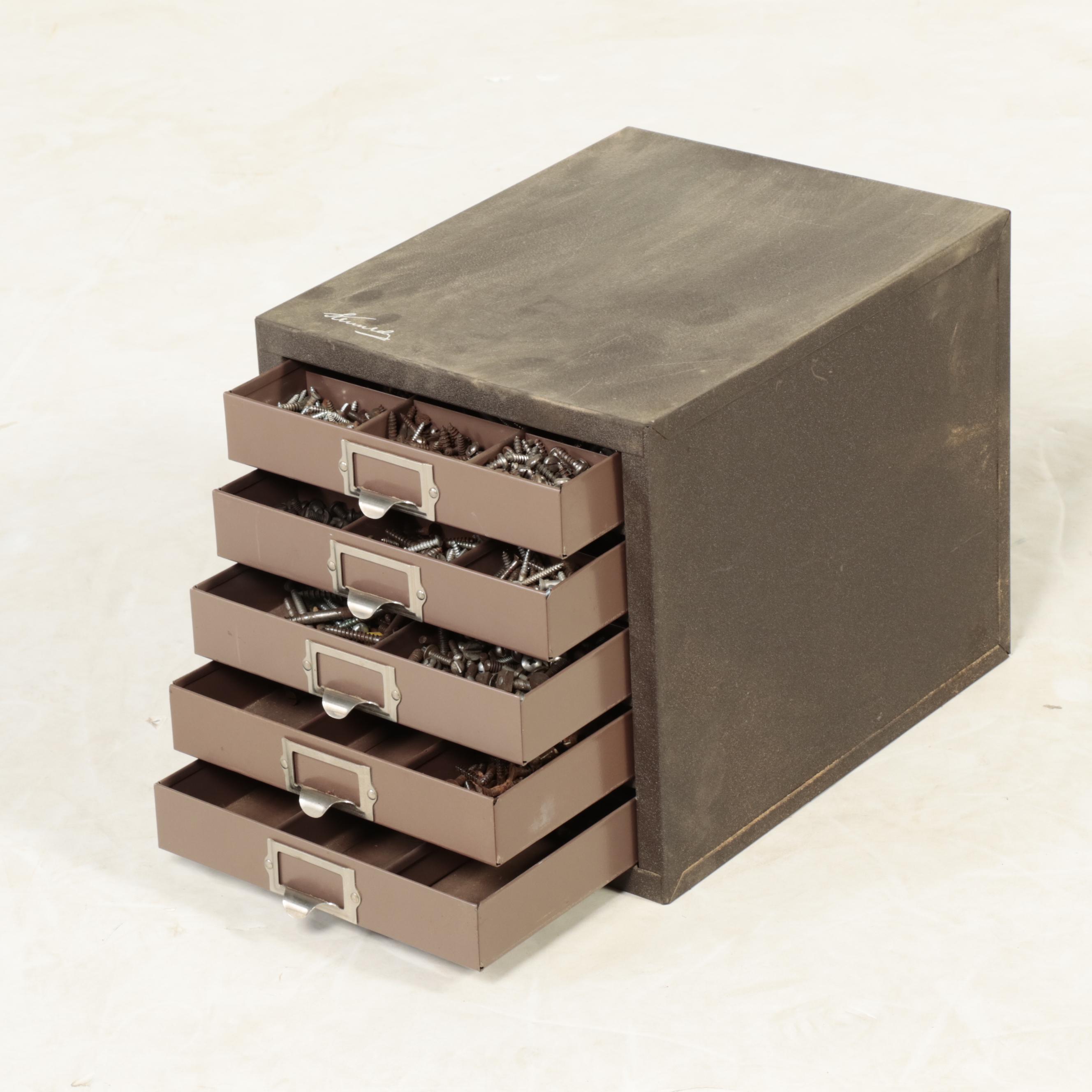 Small Industrial Steel Five-Drawer Parts Cabinet with Assorted Hardware