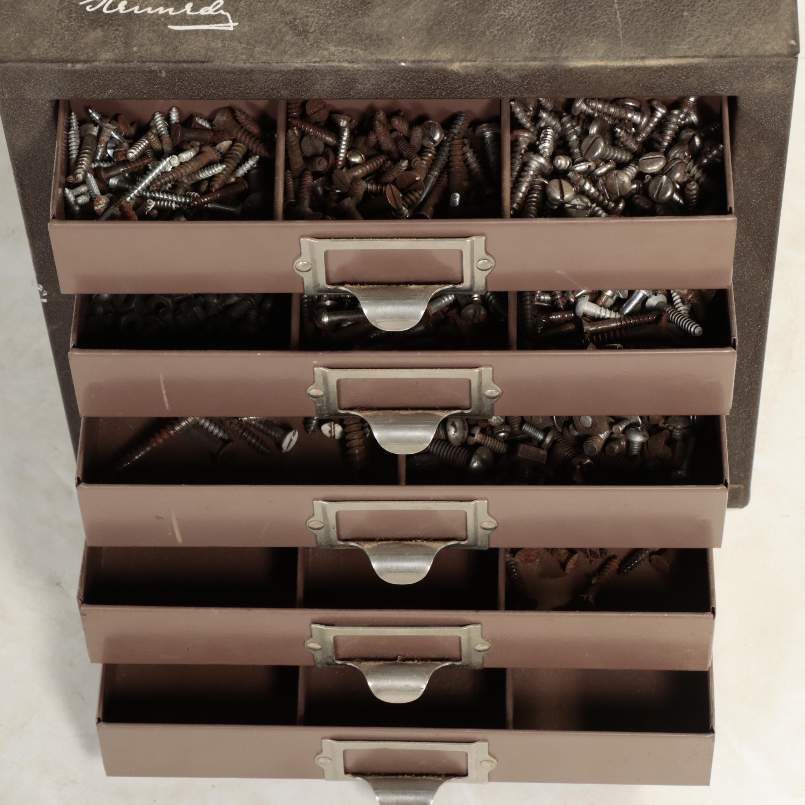 Small Industrial Steel Five-Drawer Parts Cabinet with Assorted Hardware