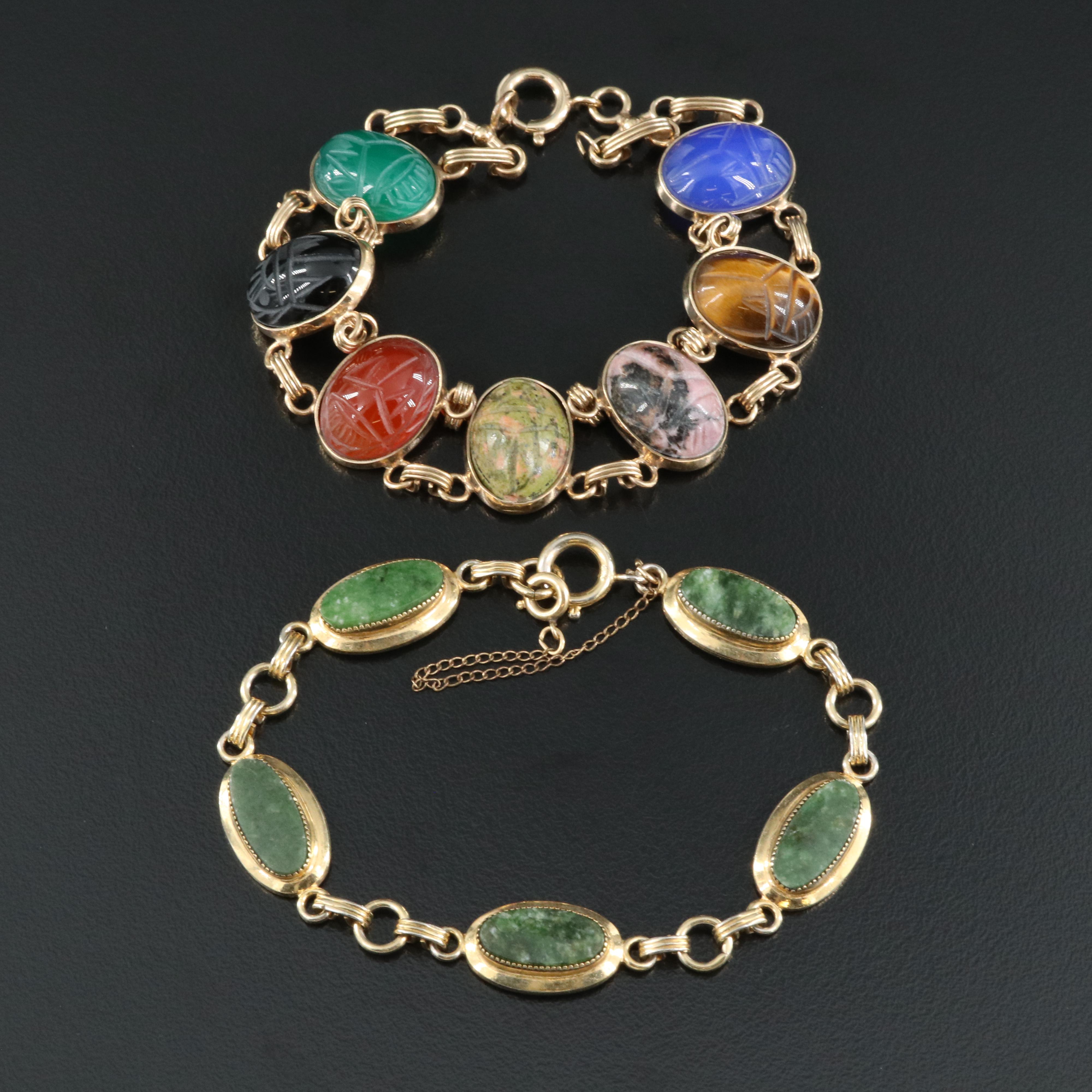 Gold-Filled Oval Link and Scarab Bracelets Including Unakite and Chalcedony