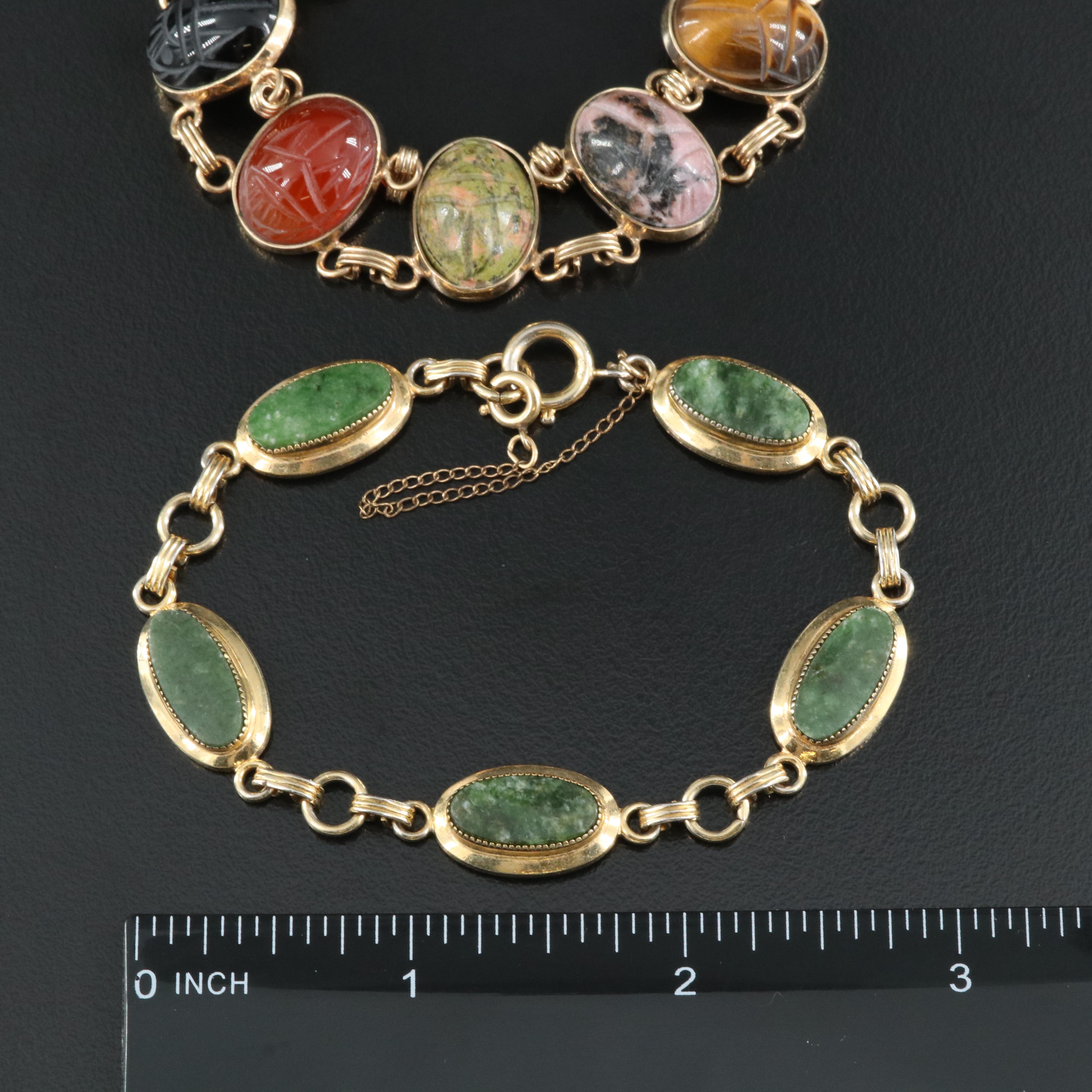 Gold-Filled Oval Link and Scarab Bracelets Including Unakite and Chalcedony