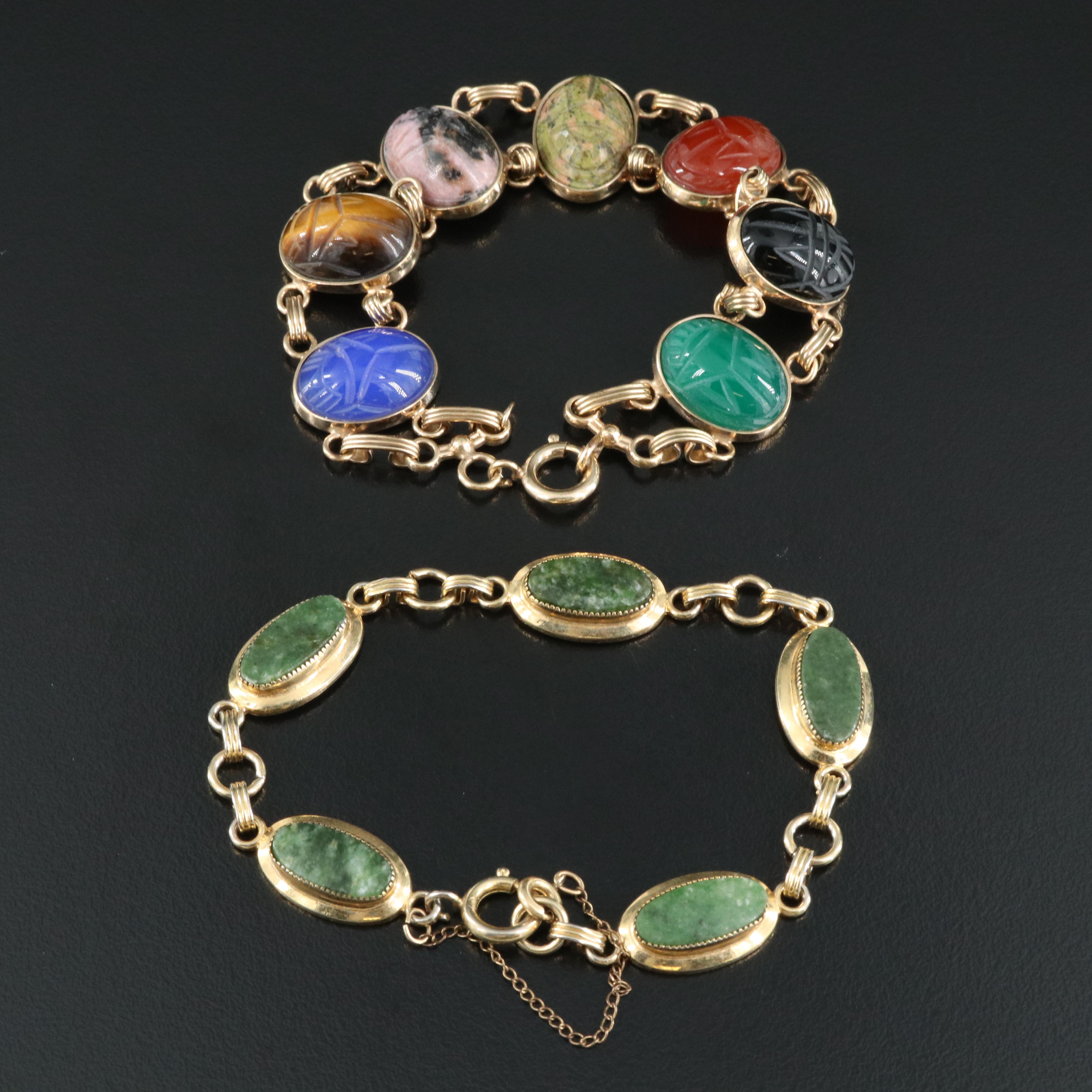 Gold-Filled Oval Link and Scarab Bracelets Including Unakite and Chalcedony