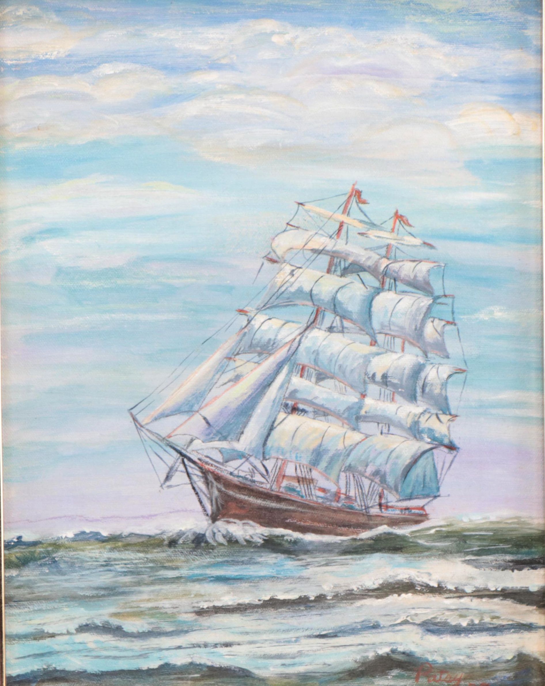 Nautical Oil Painting of Triple-Masted Ship, 1979