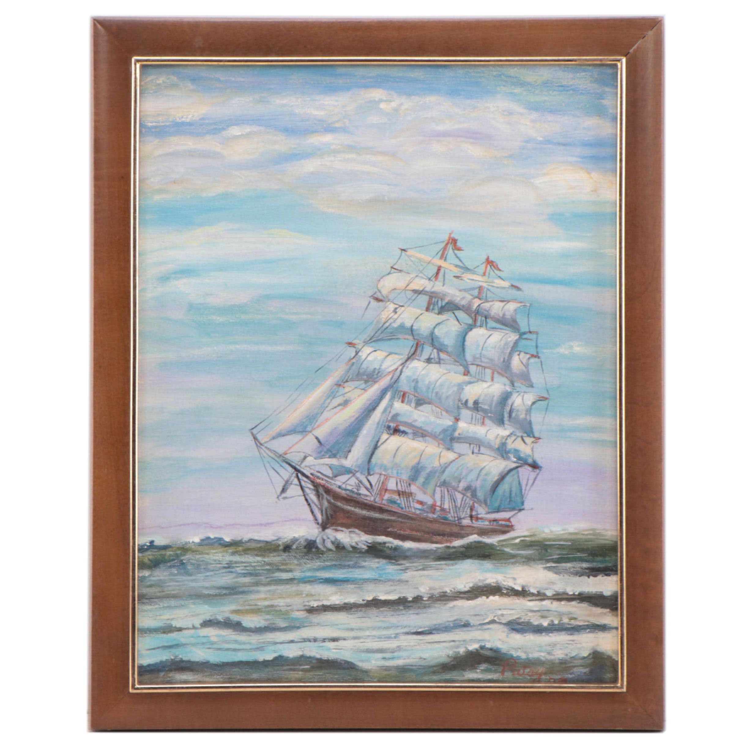 Nautical Oil Painting of Triple-Masted Ship, 1979
