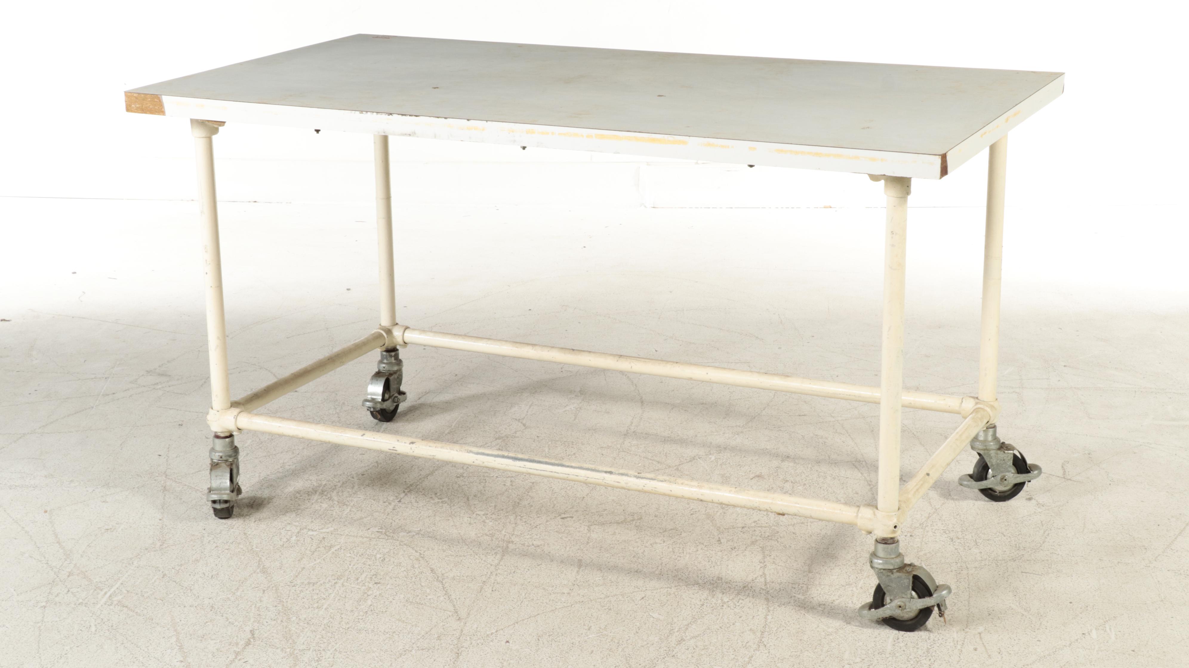 Industrial Steel Pipe and Laminate Top Rolling Work Table with Three Wood Planks