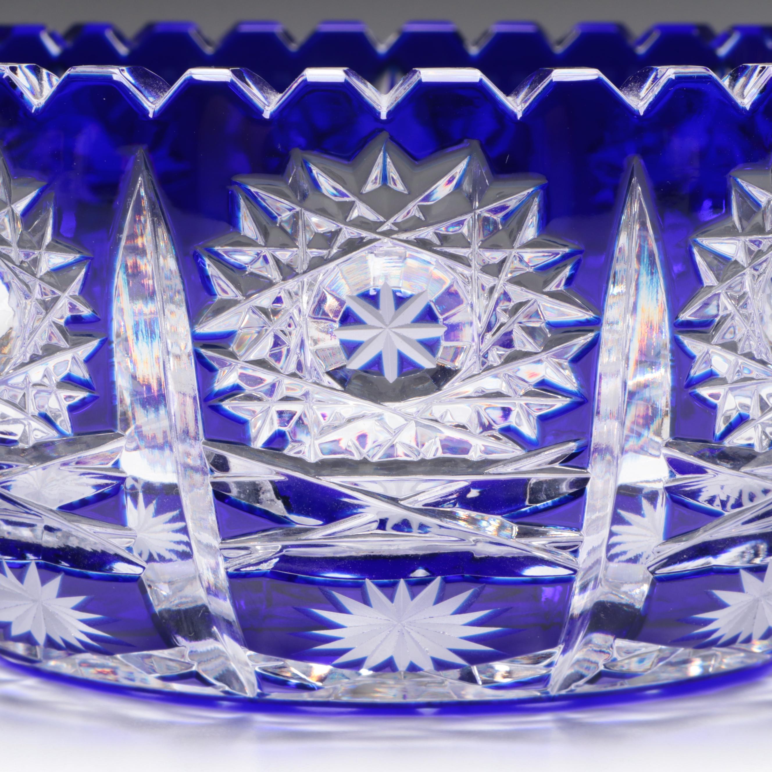 Bohemian Style Cobalt Cut to Clear Crystal Bowl