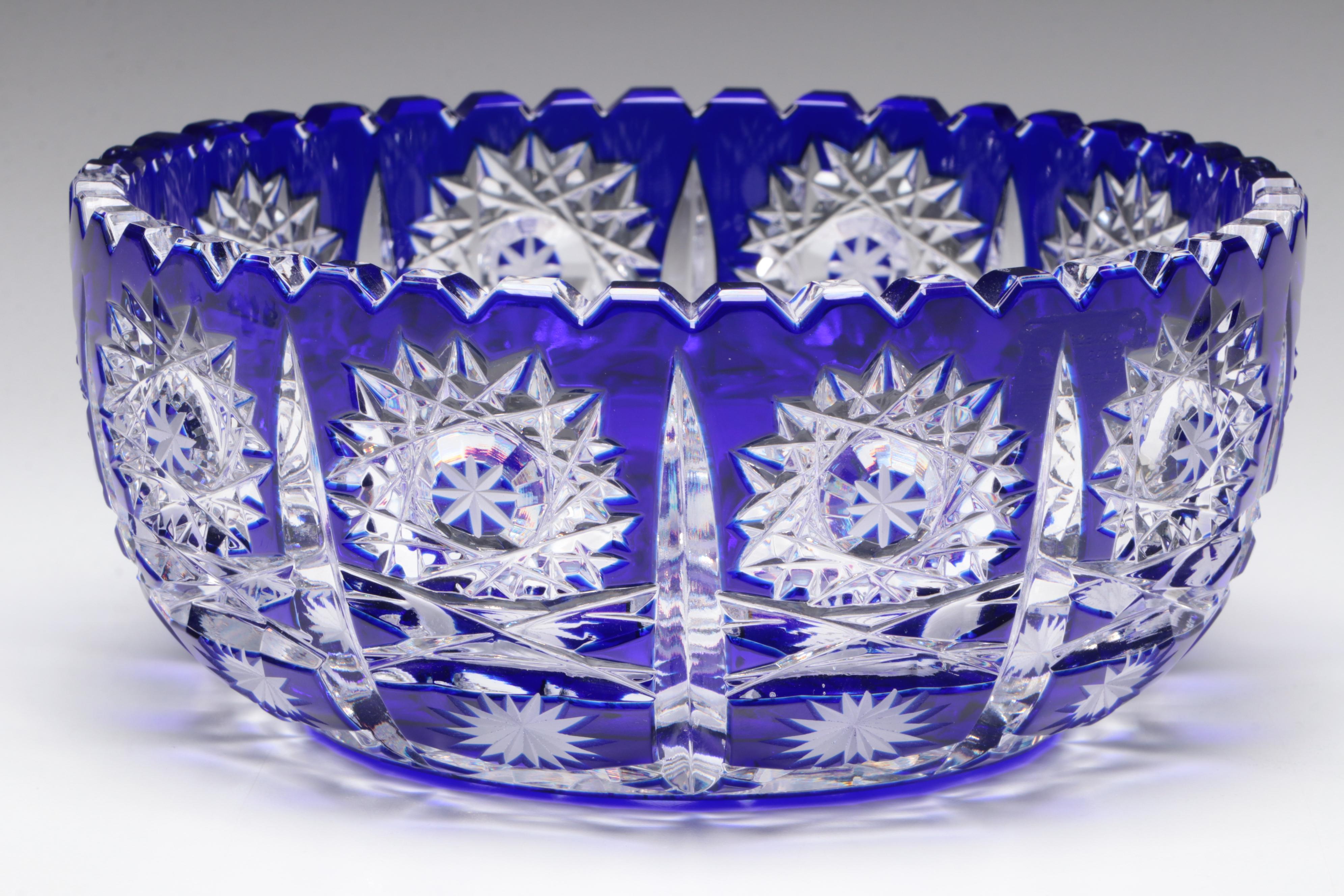 Bohemian Style Cobalt Cut to Clear Crystal Bowl