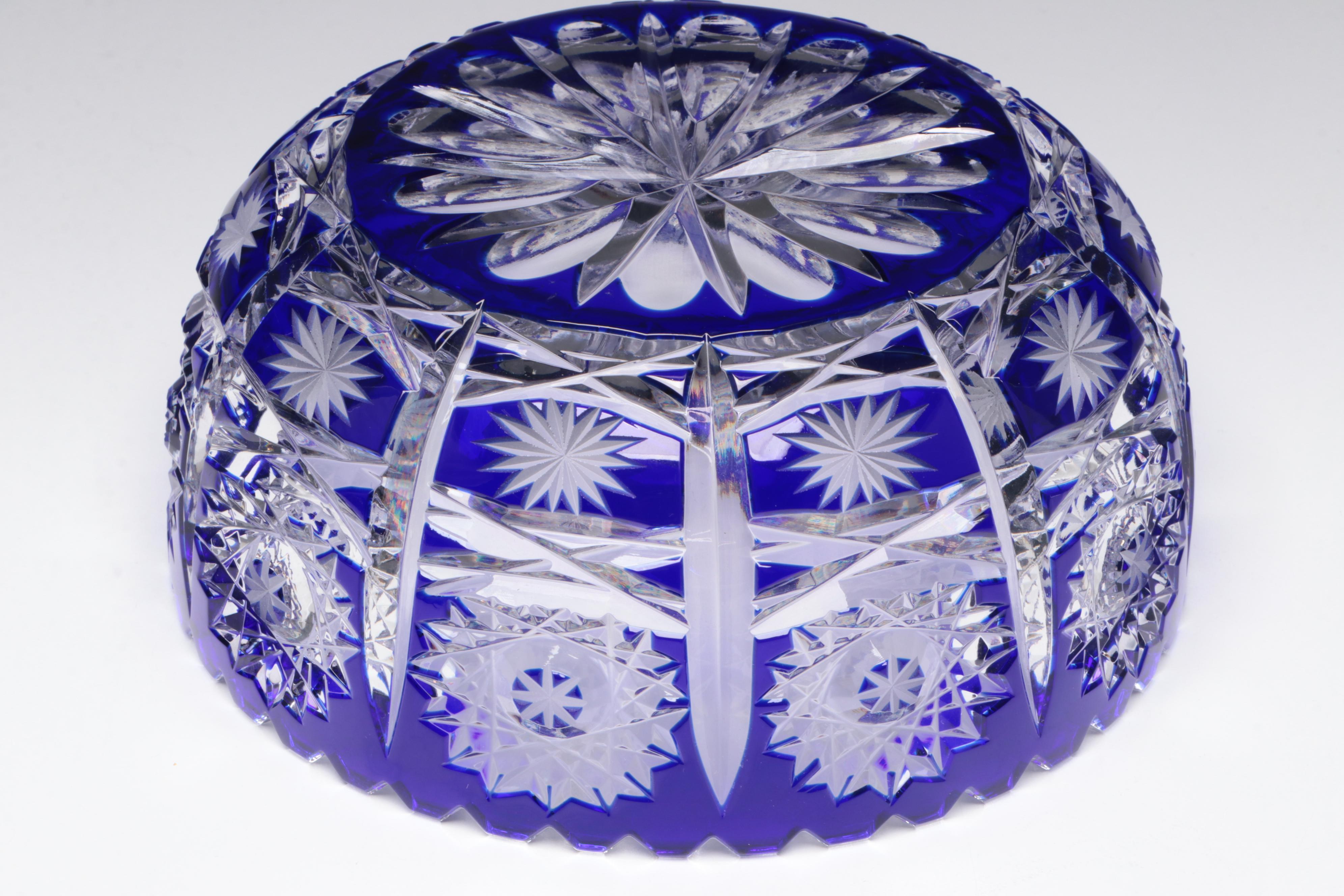 Bohemian Style Cobalt Cut to Clear Crystal Bowl