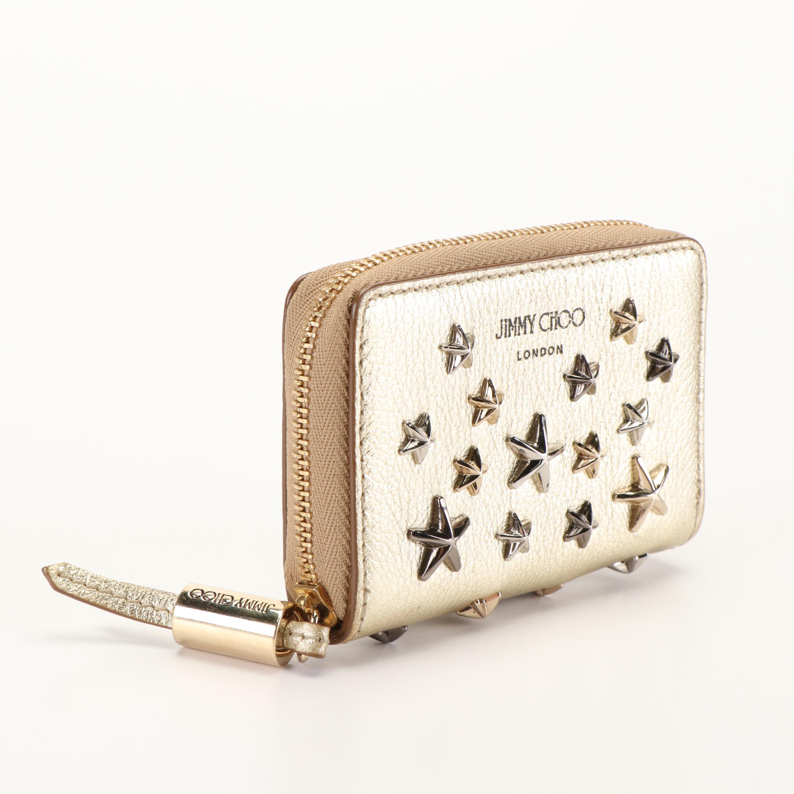 Jimmy Choo Star Studded Compact Wallet in Metallic Gold Leather