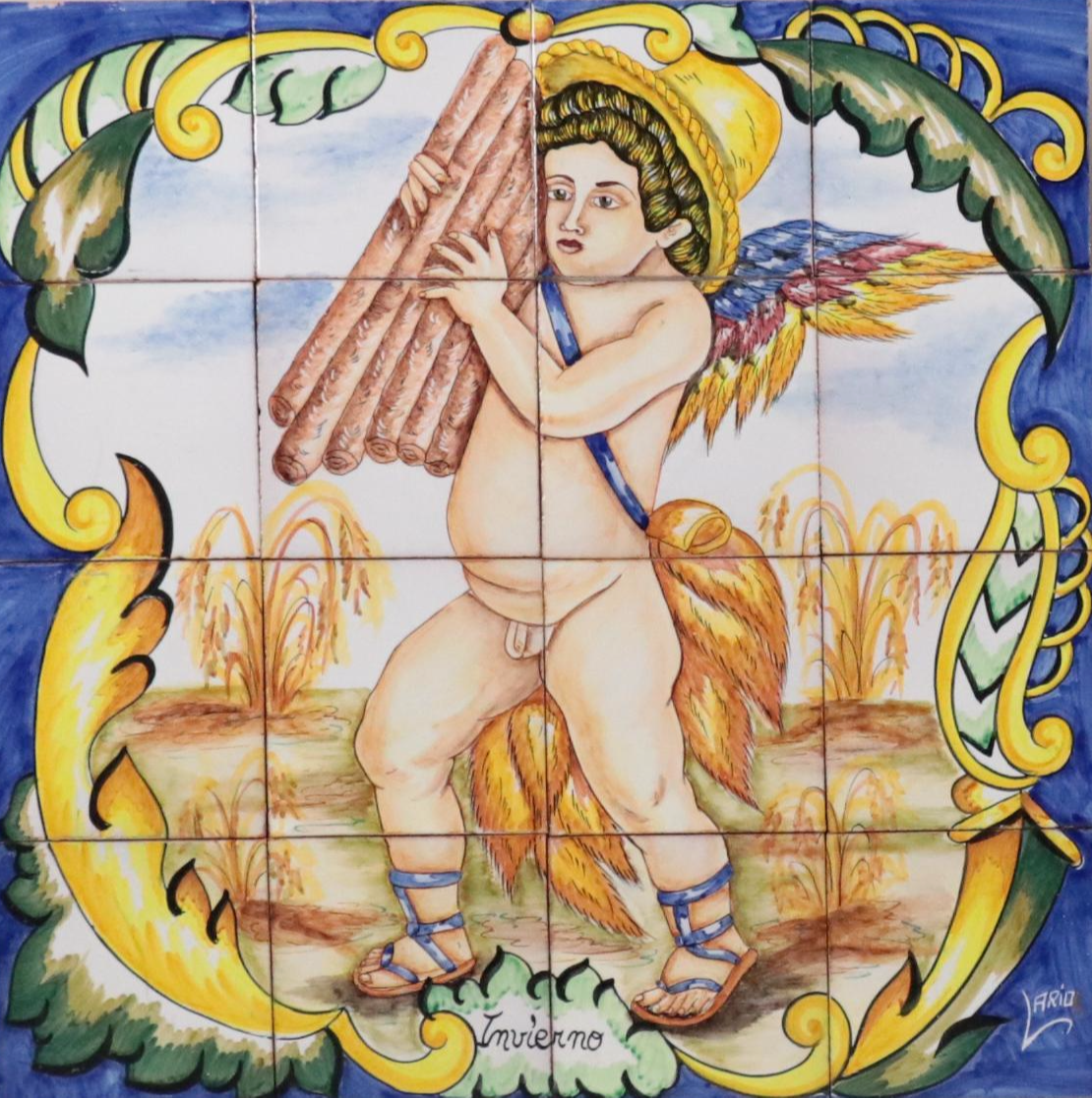 Set of Hand-Painted Ceramic Tiles of the Four Seasons Including "Primavera"