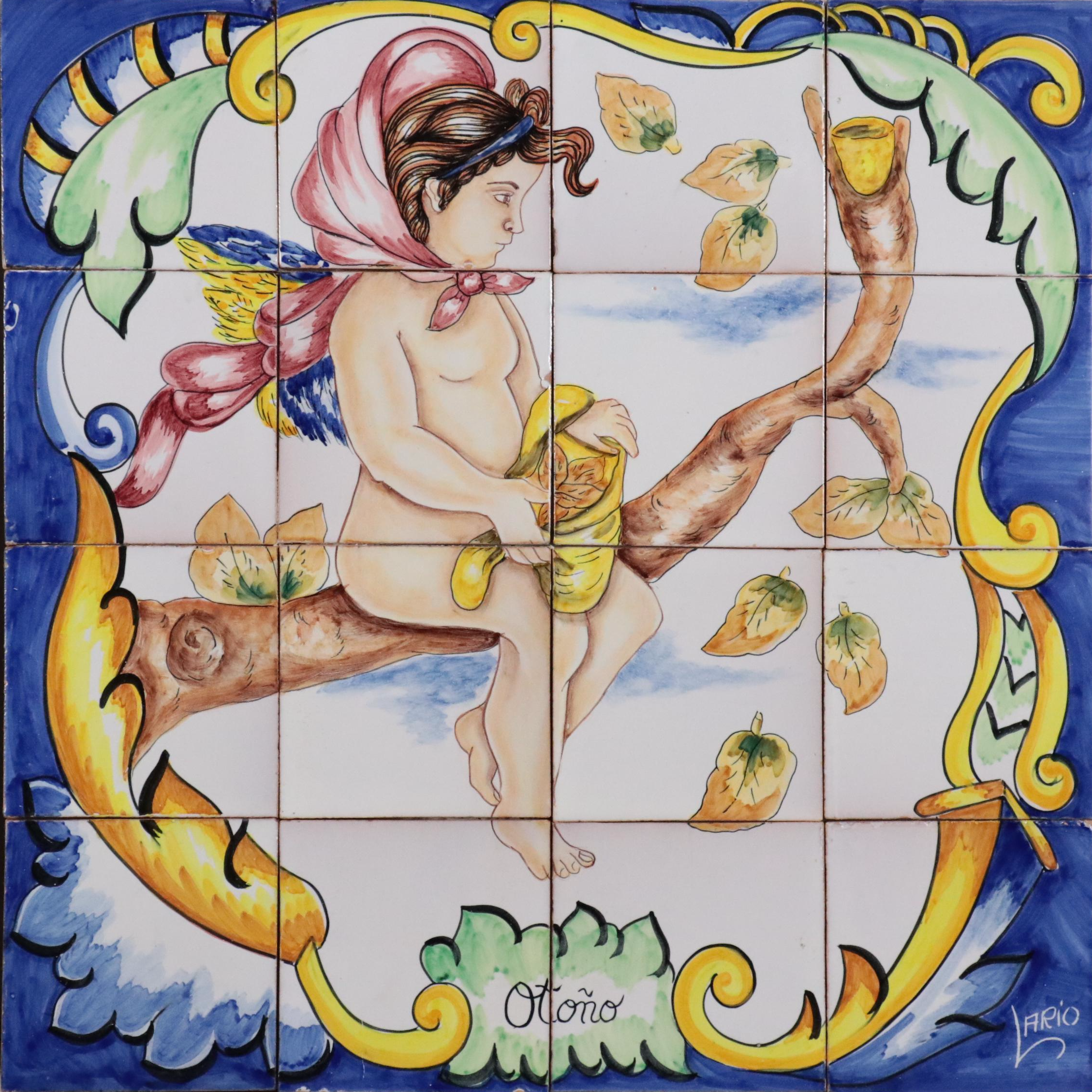 Set of Hand-Painted Ceramic Tiles of the Four Seasons Including "Primavera"