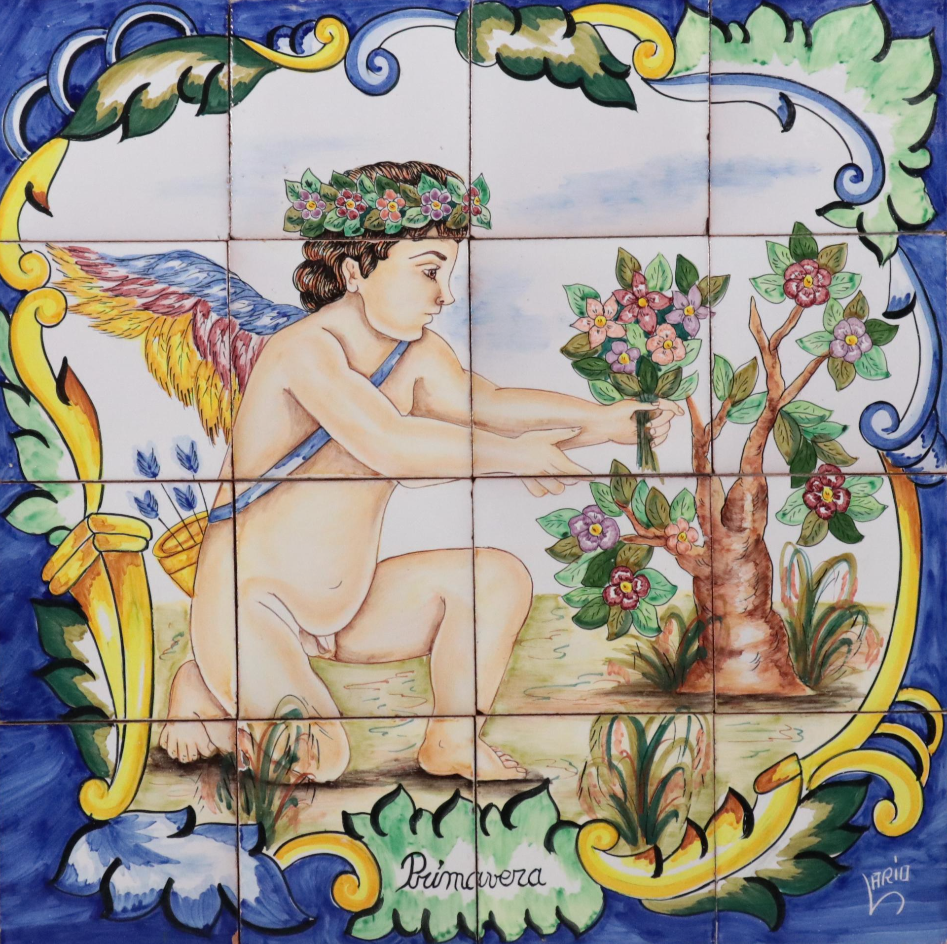 Set of Hand-Painted Ceramic Tiles of the Four Seasons Including "Primavera"