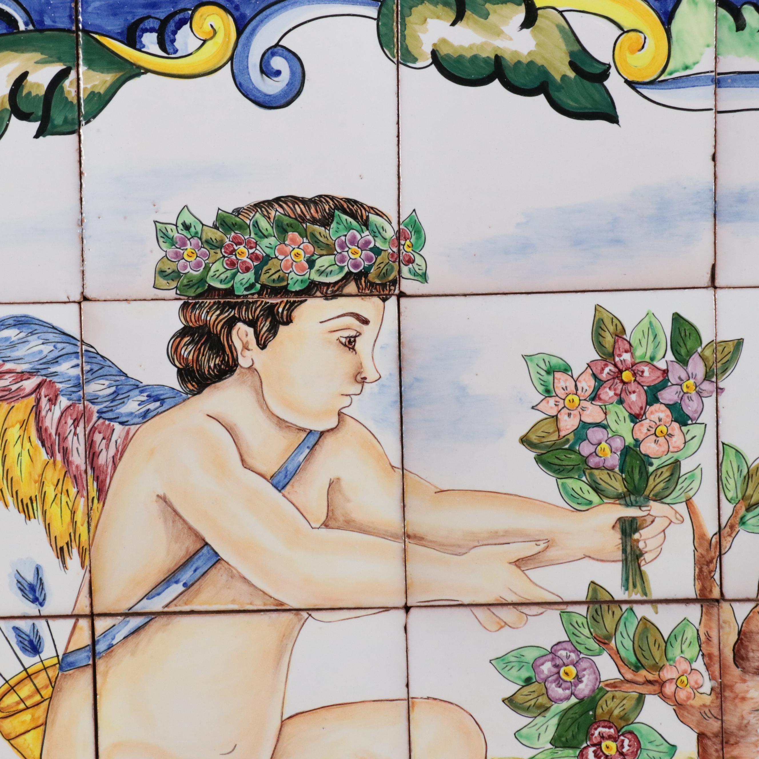 Set of Hand-Painted Ceramic Tiles of the Four Seasons Including "Primavera"