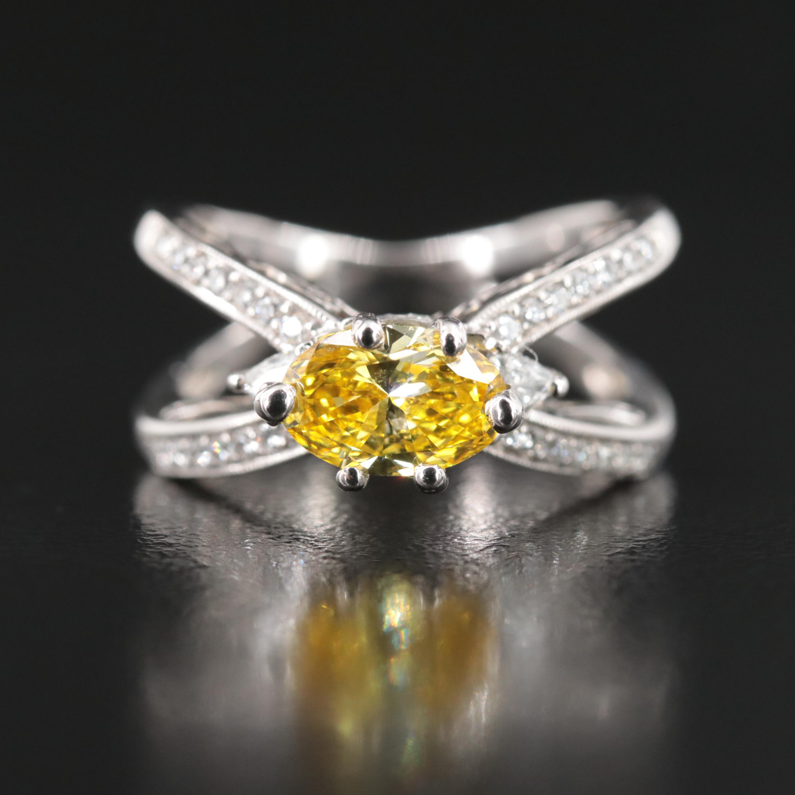 18K 1.53 CTW Diamond Split Shank Ring with Fancy Vivid Yellow Center
