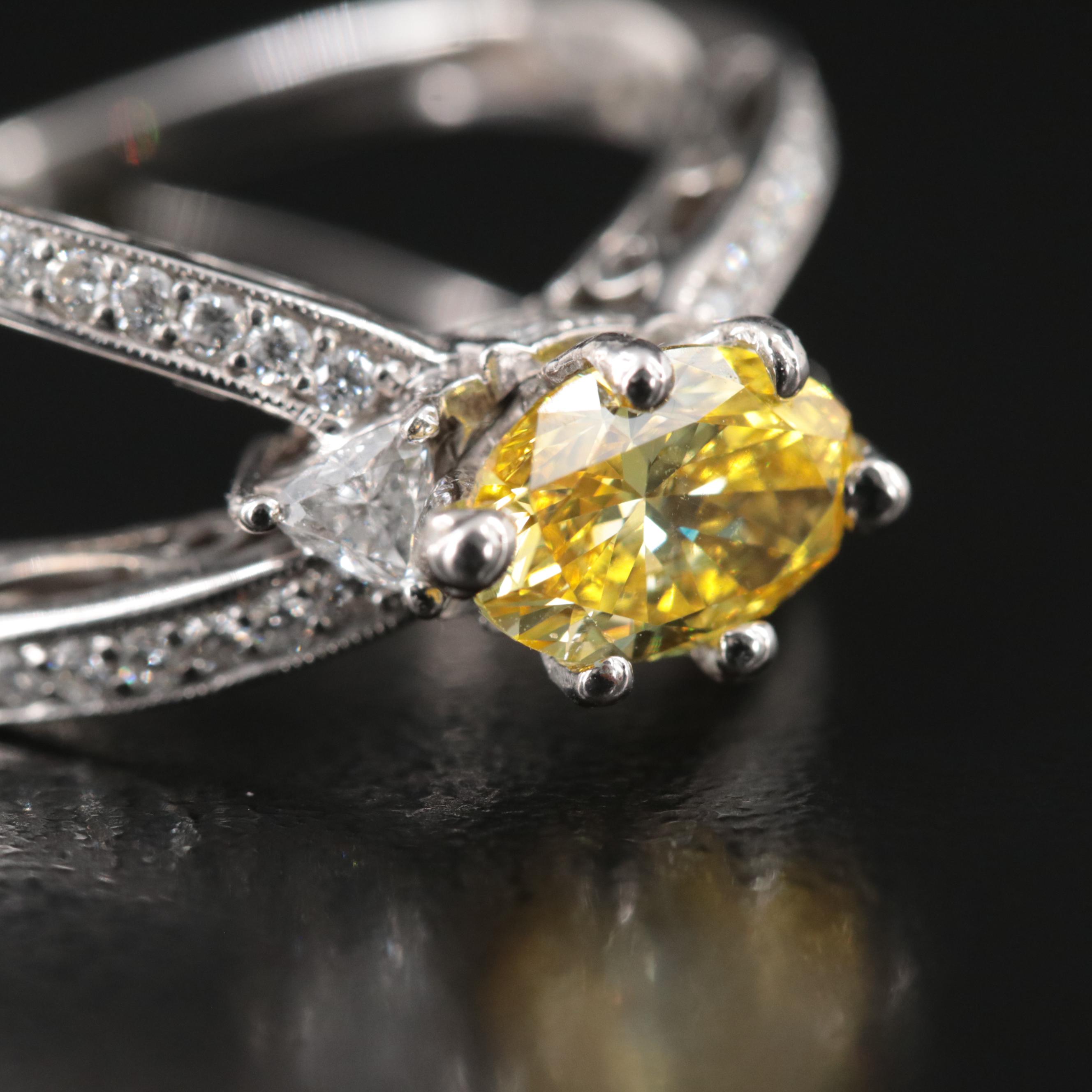 18K 1.53 CTW Diamond Split Shank Ring with Fancy Vivid Yellow Center