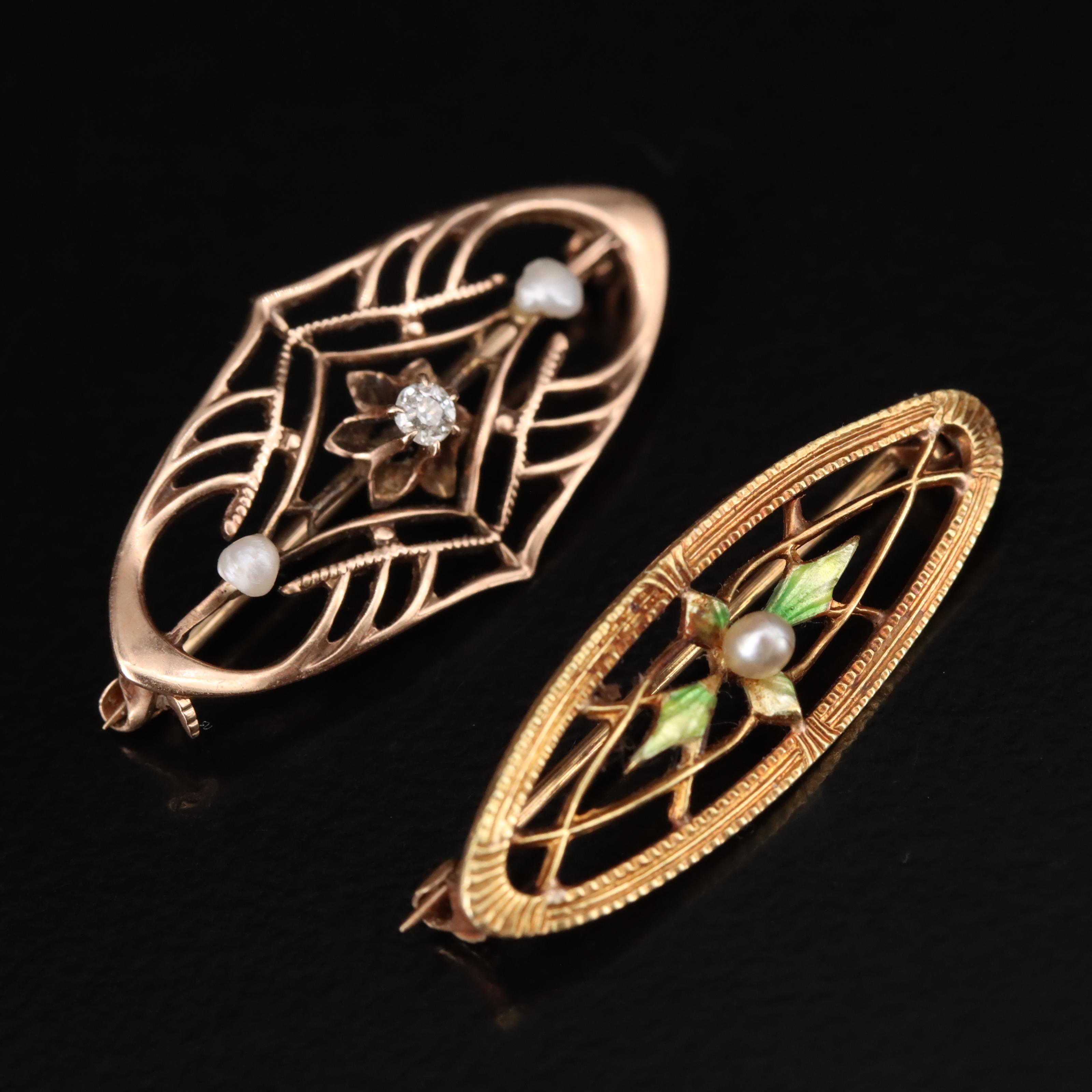 Art Nouveau 10K and 14K Diamond, Seed Pearl and Enamel Lingerie Pins