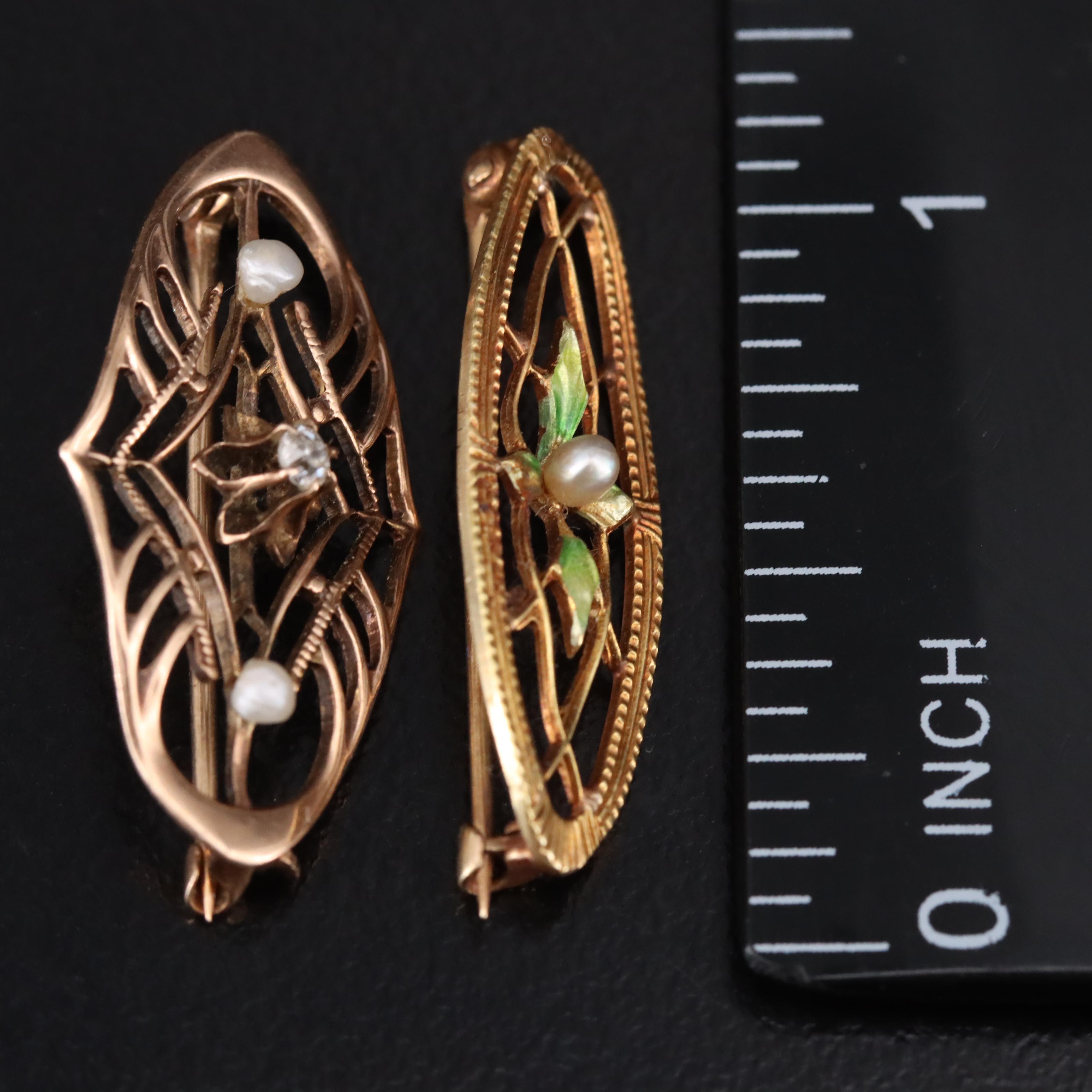 Art Nouveau 10K and 14K Diamond, Seed Pearl and Enamel Lingerie Pins