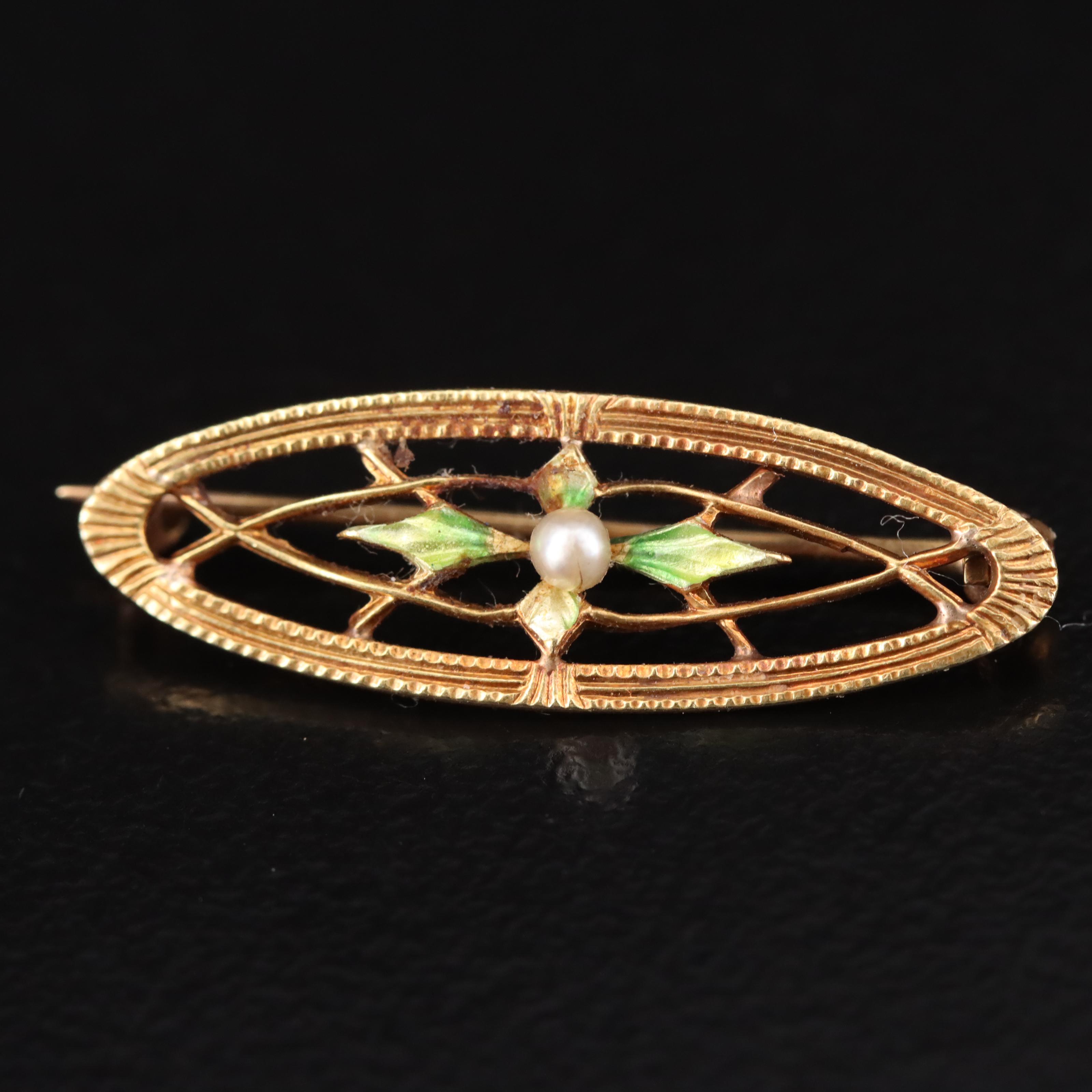 Art Nouveau 10K and 14K Diamond, Seed Pearl and Enamel Lingerie Pins