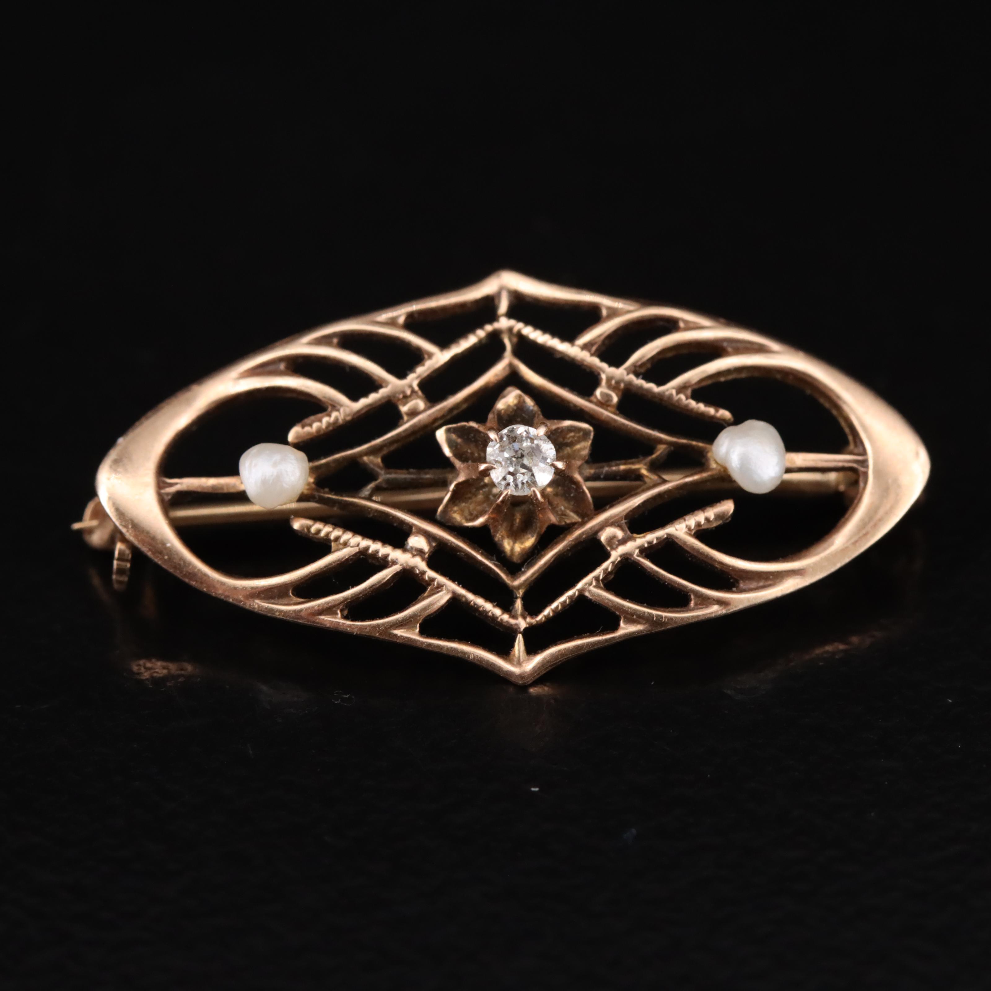 Art Nouveau 10K and 14K Diamond, Seed Pearl and Enamel Lingerie Pins