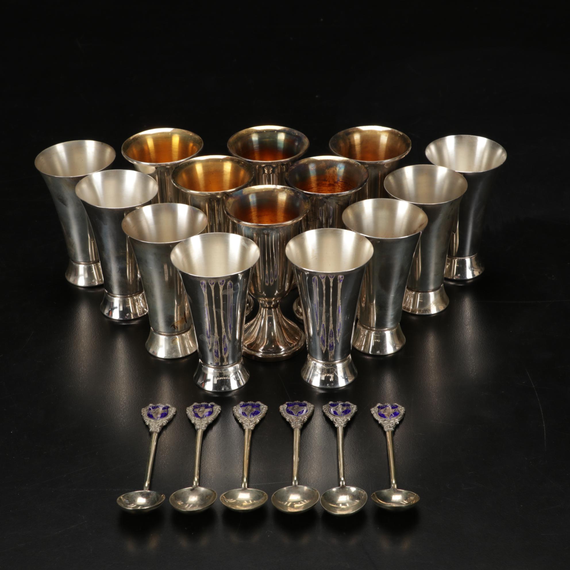 Newport, Webb Sterling Silver Cordial Cups with India Sterling Souvenir Spoons