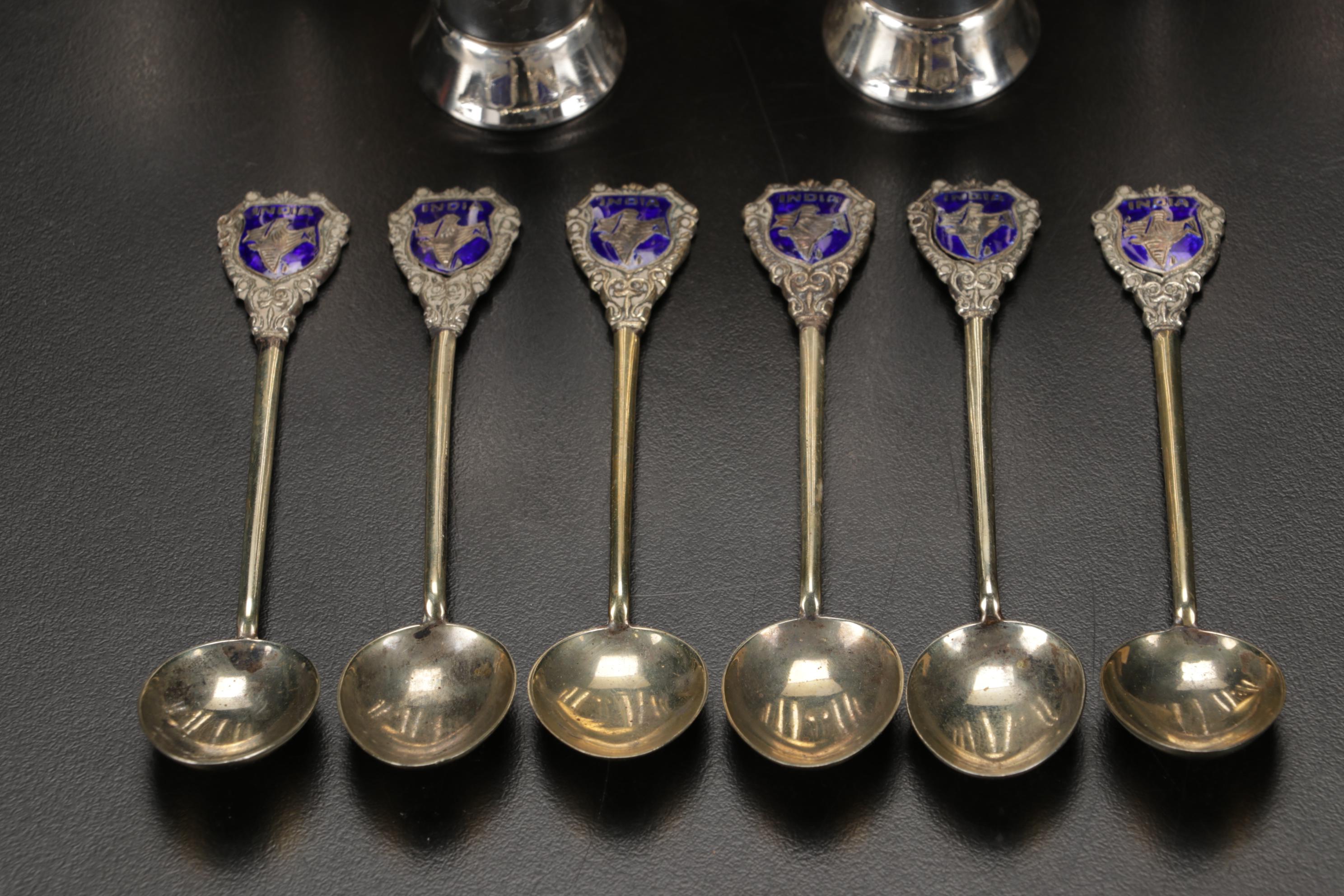 Newport, Webb Sterling Silver Cordial Cups with India Sterling Souvenir Spoons