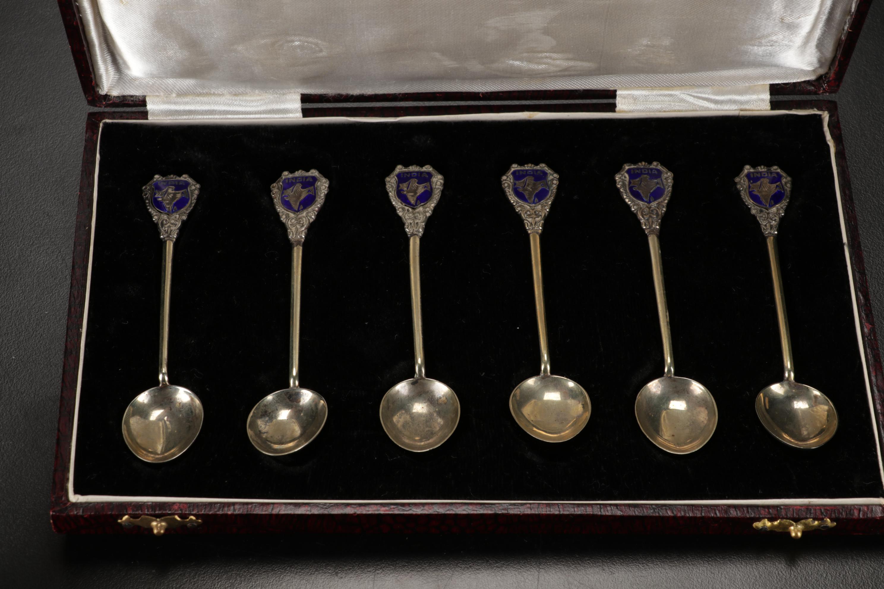 Newport, Webb Sterling Silver Cordial Cups with India Sterling Souvenir Spoons