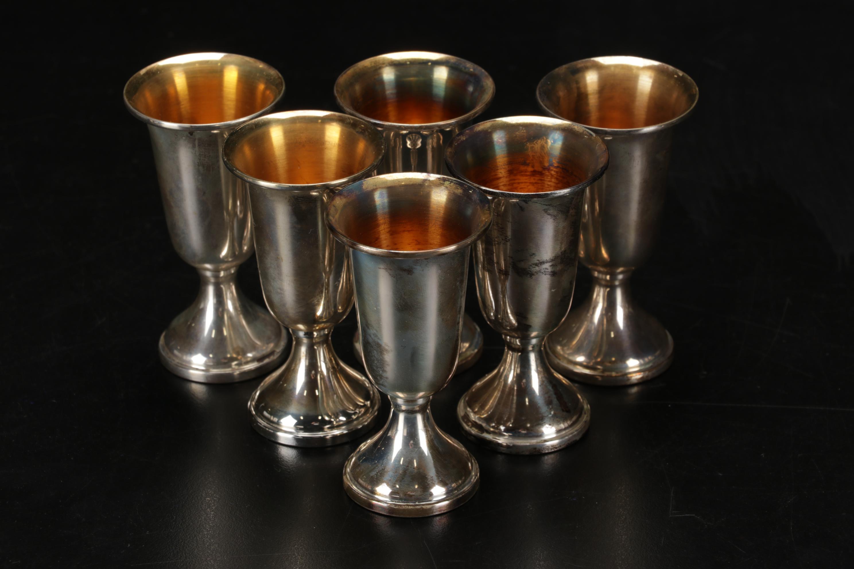 Newport, Webb Sterling Silver Cordial Cups with India Sterling Souvenir Spoons