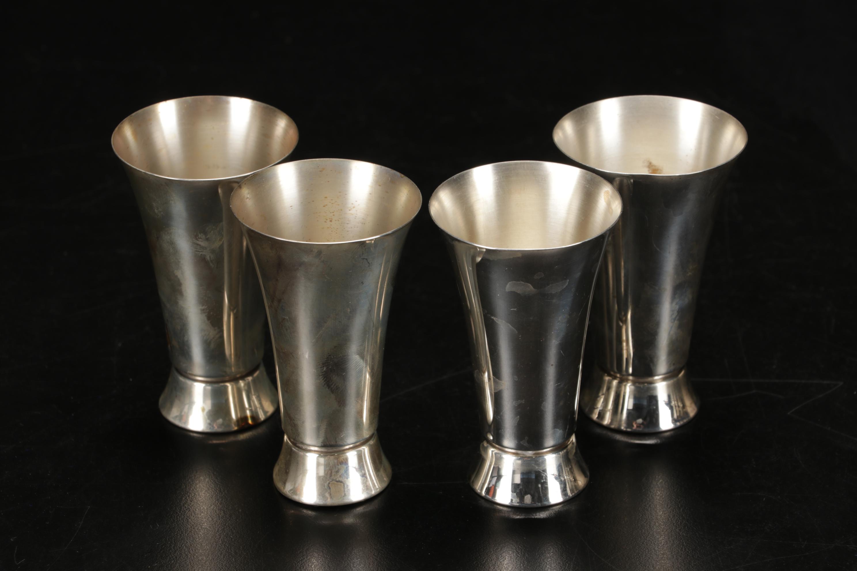 Newport, Webb Sterling Silver Cordial Cups with India Sterling Souvenir Spoons
