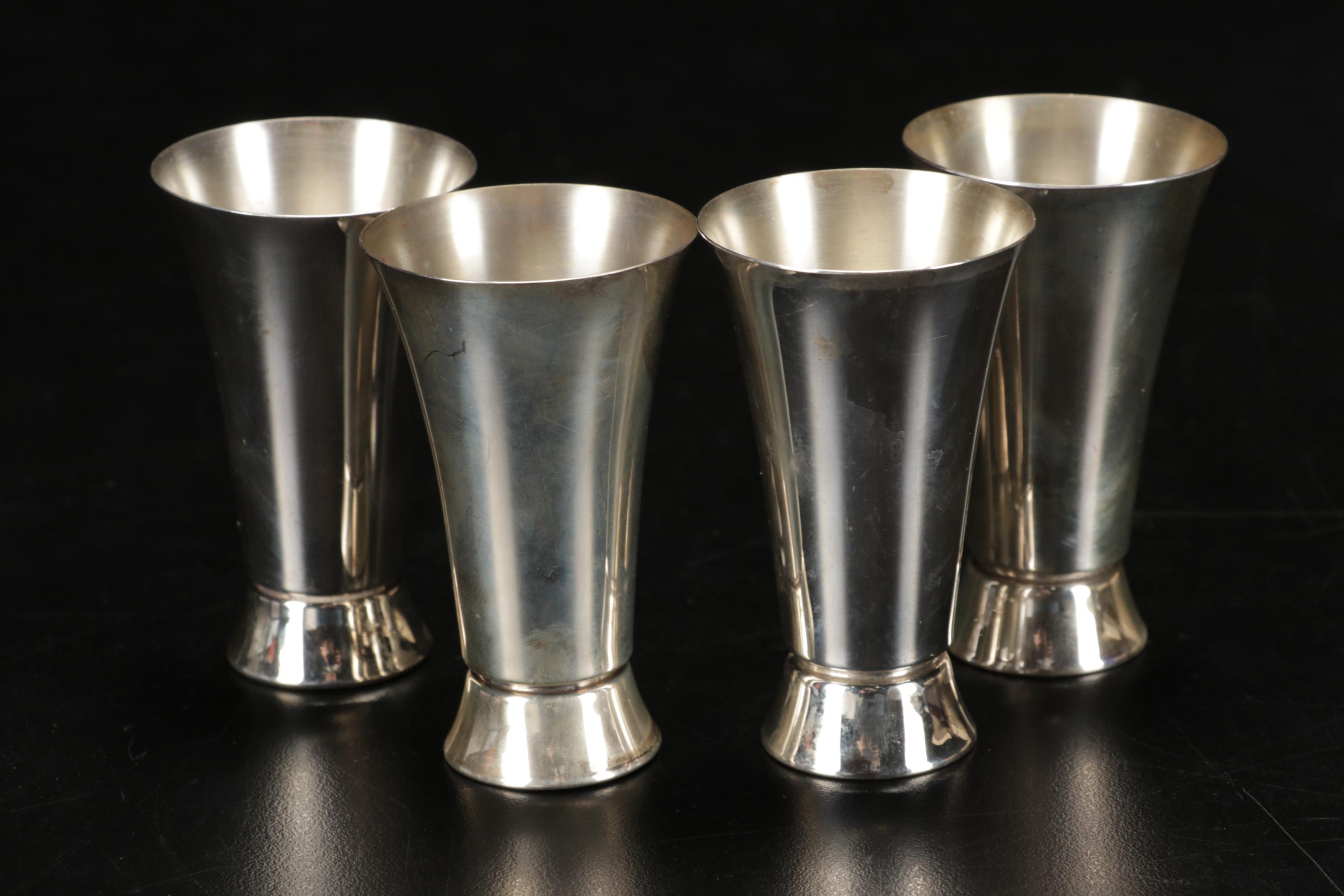 Newport, Webb Sterling Silver Cordial Cups with India Sterling Souvenir Spoons