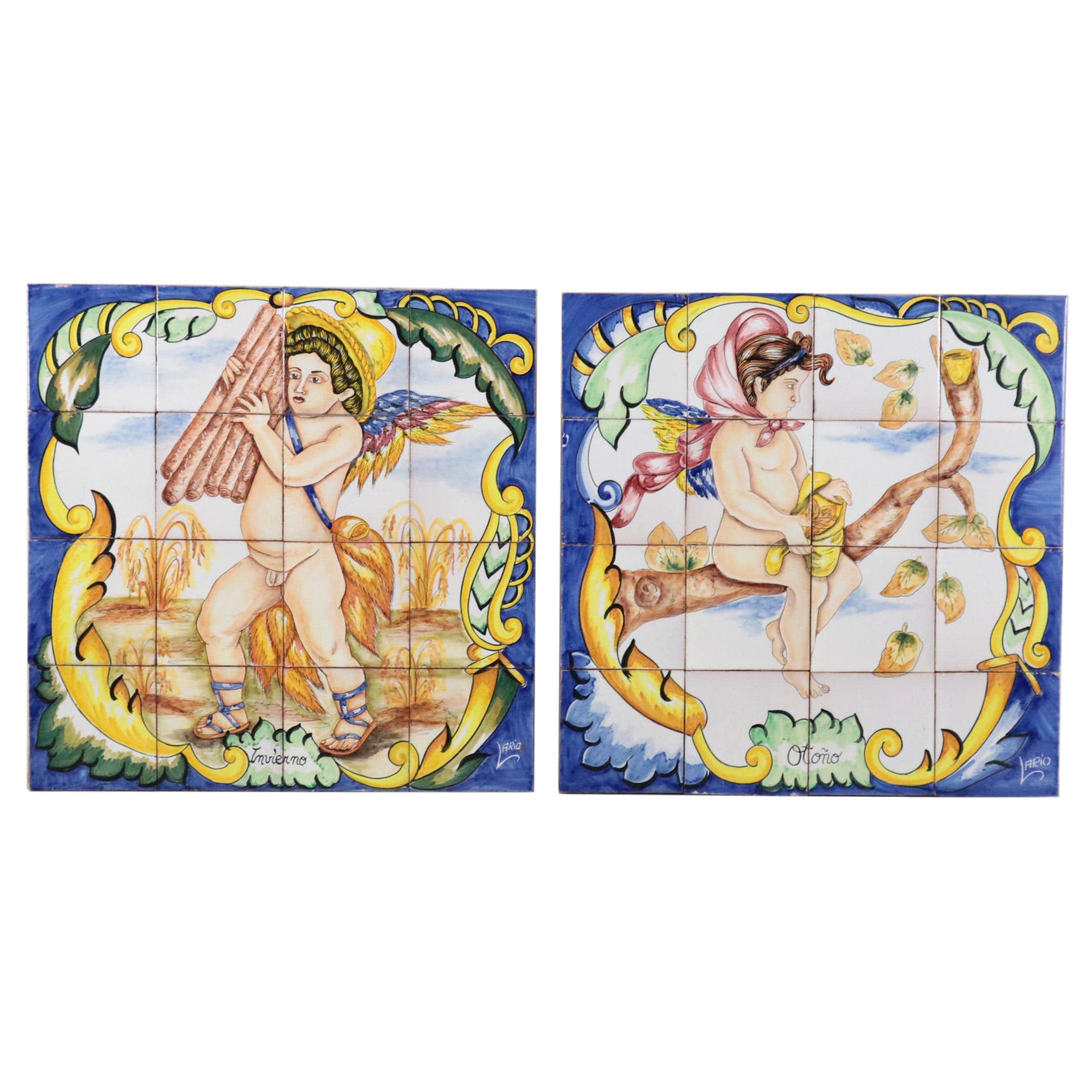 Set of Hand-Painted Ceramic Tiles of the Four Seasons Including "Primavera"