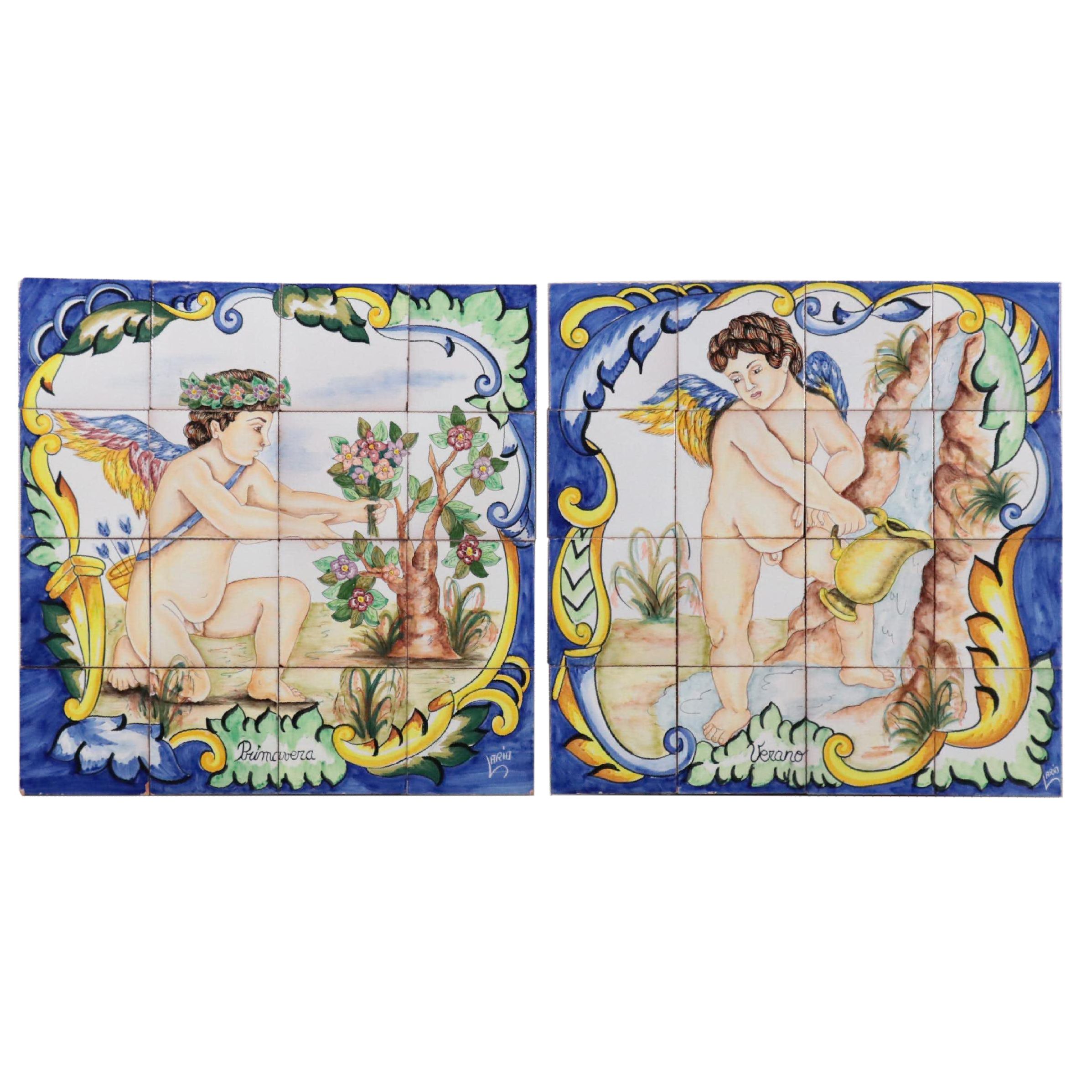 Set of Hand-Painted Ceramic Tiles of the Four Seasons Including "Primavera"