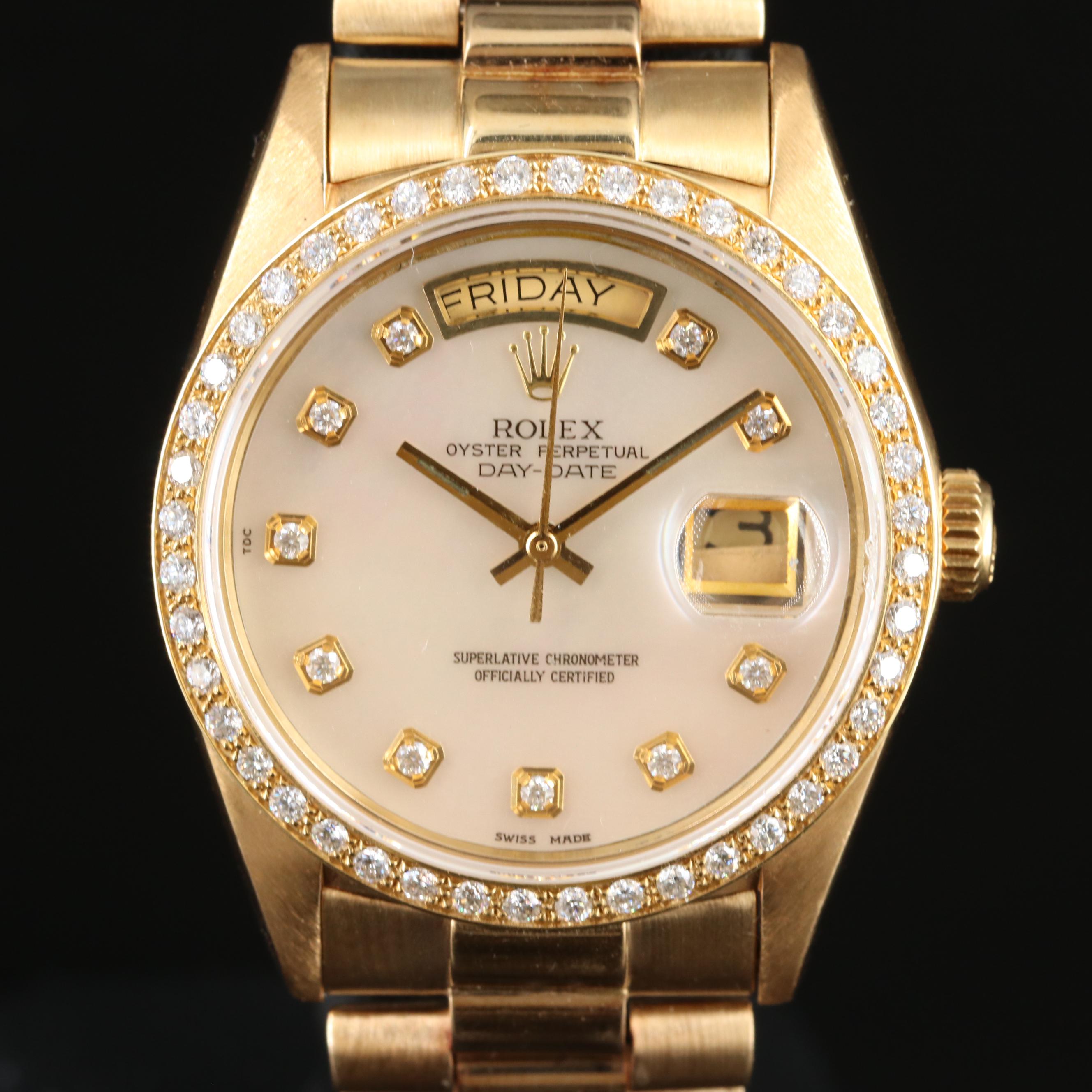 1996 Rolex Day-Date Custom Diamond, Mother-of-Pearl Dial and Bezel Watch