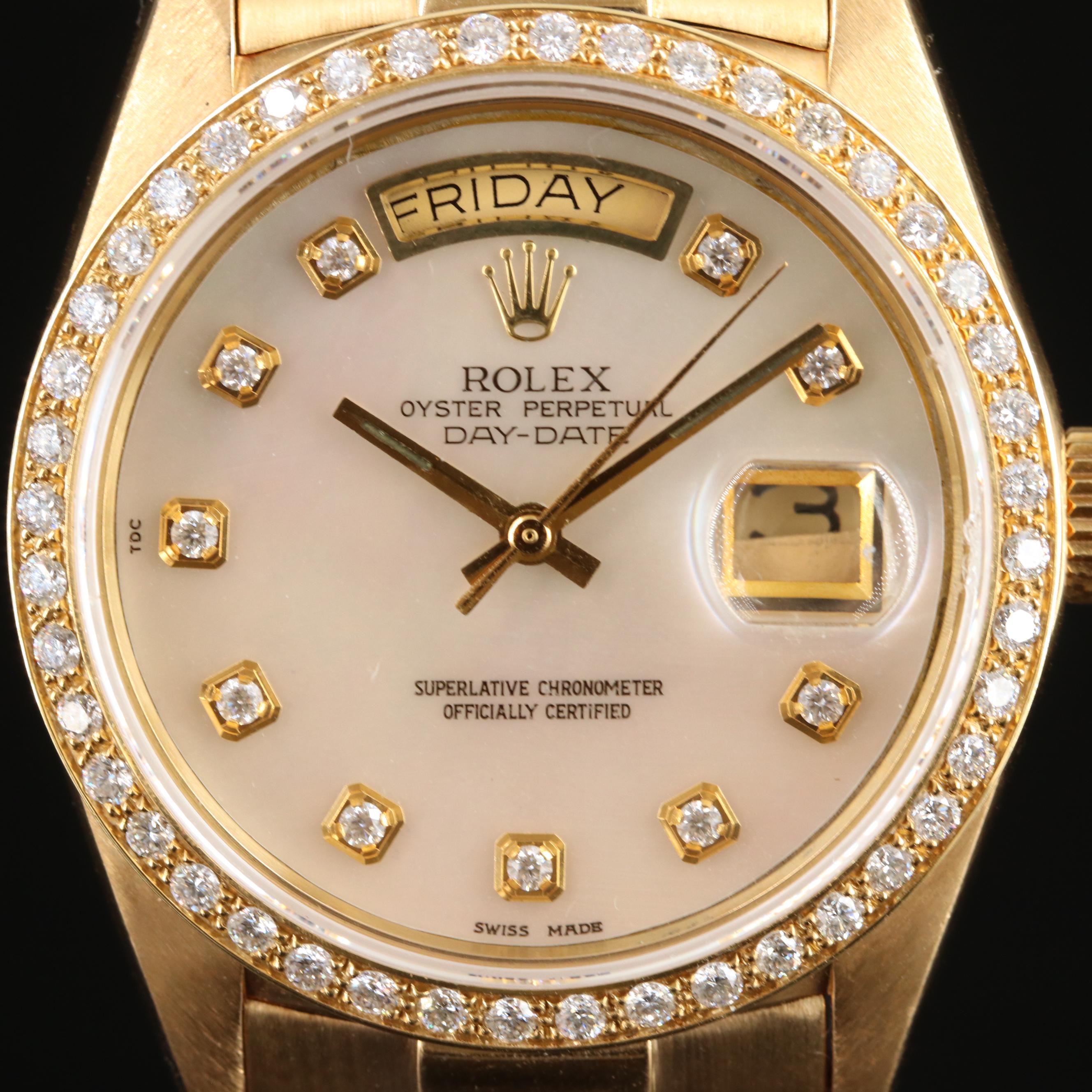 1996 Rolex Day-Date Custom Diamond, Mother-of-Pearl Dial and Bezel Watch