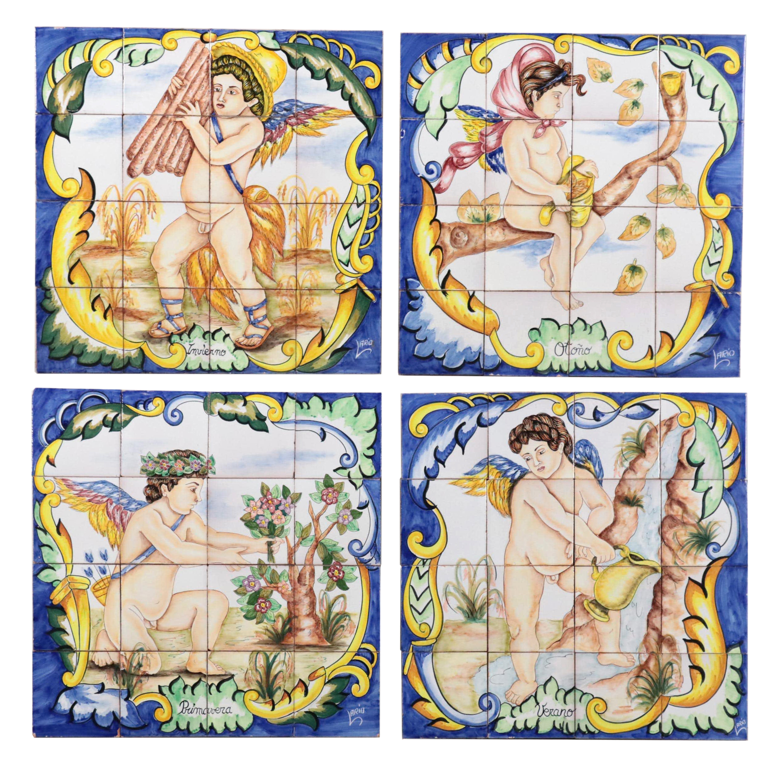 Set of Hand-Painted Ceramic Tiles of the Four Seasons Including "Primavera"