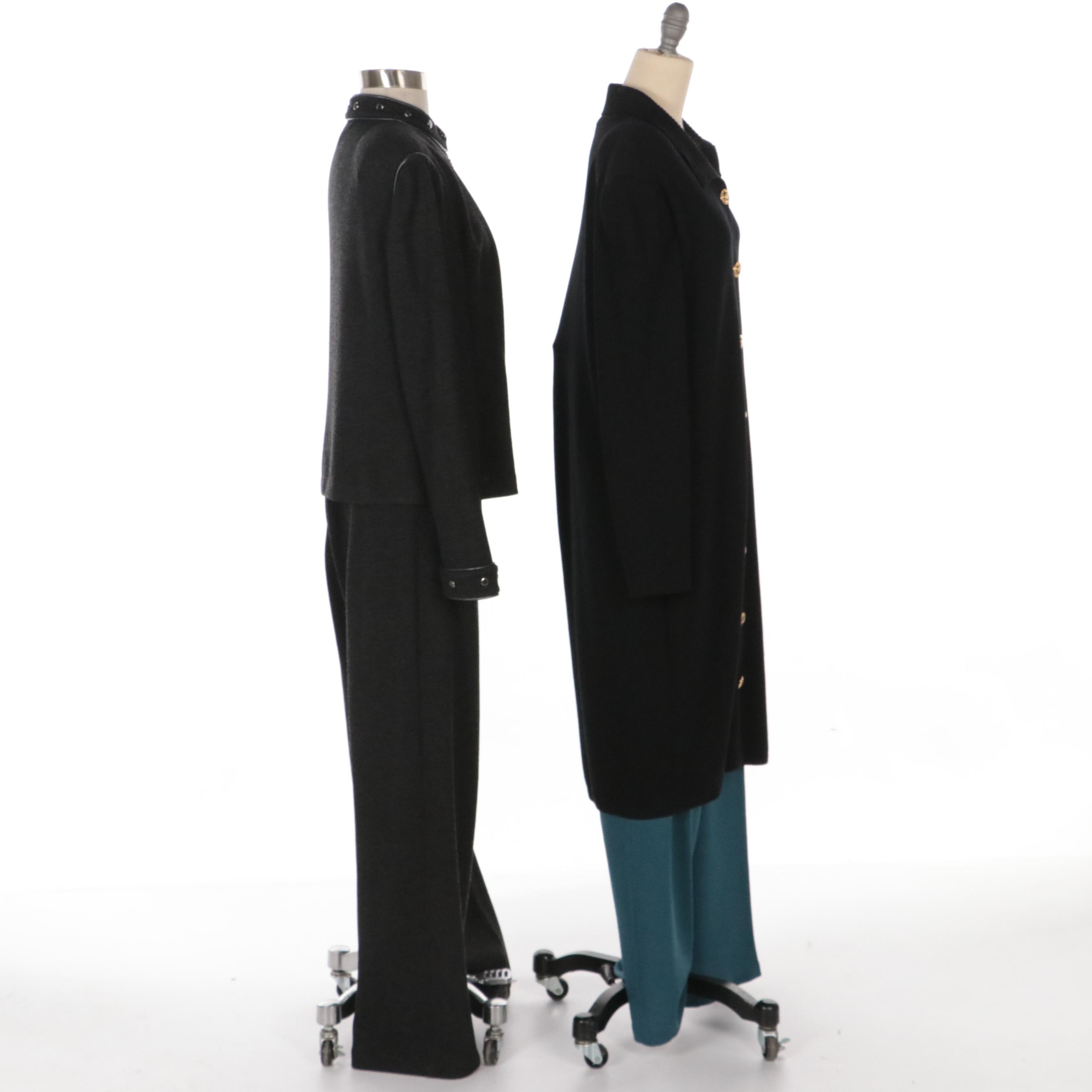 St. John Studded Charcoal Grey Pant Suit with Long Cardigan and Steel Blue Pants