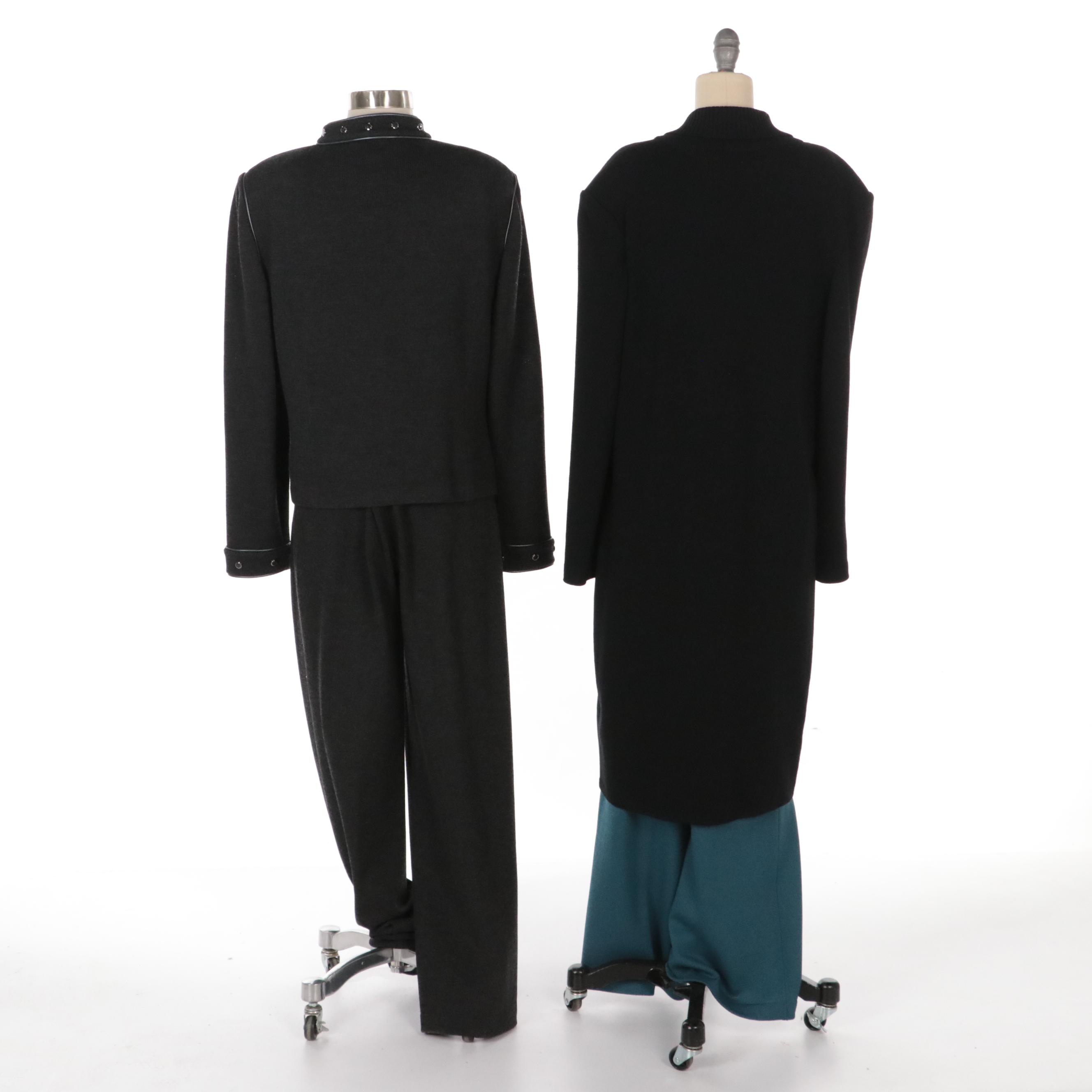 St. John Studded Charcoal Grey Pant Suit with Long Cardigan and Steel Blue Pants