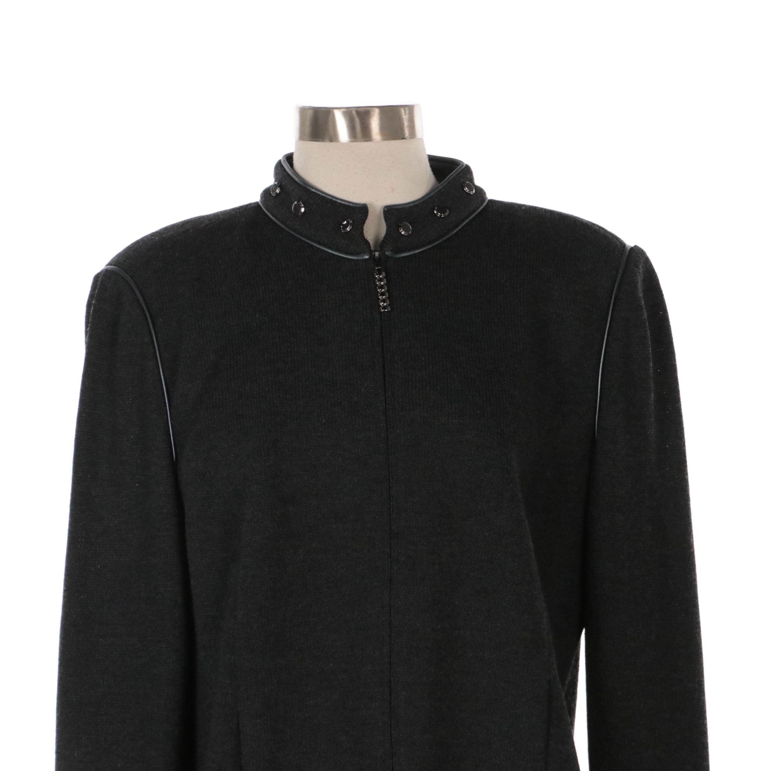 St. John Studded Charcoal Grey Pant Suit with Long Cardigan and Steel Blue Pants