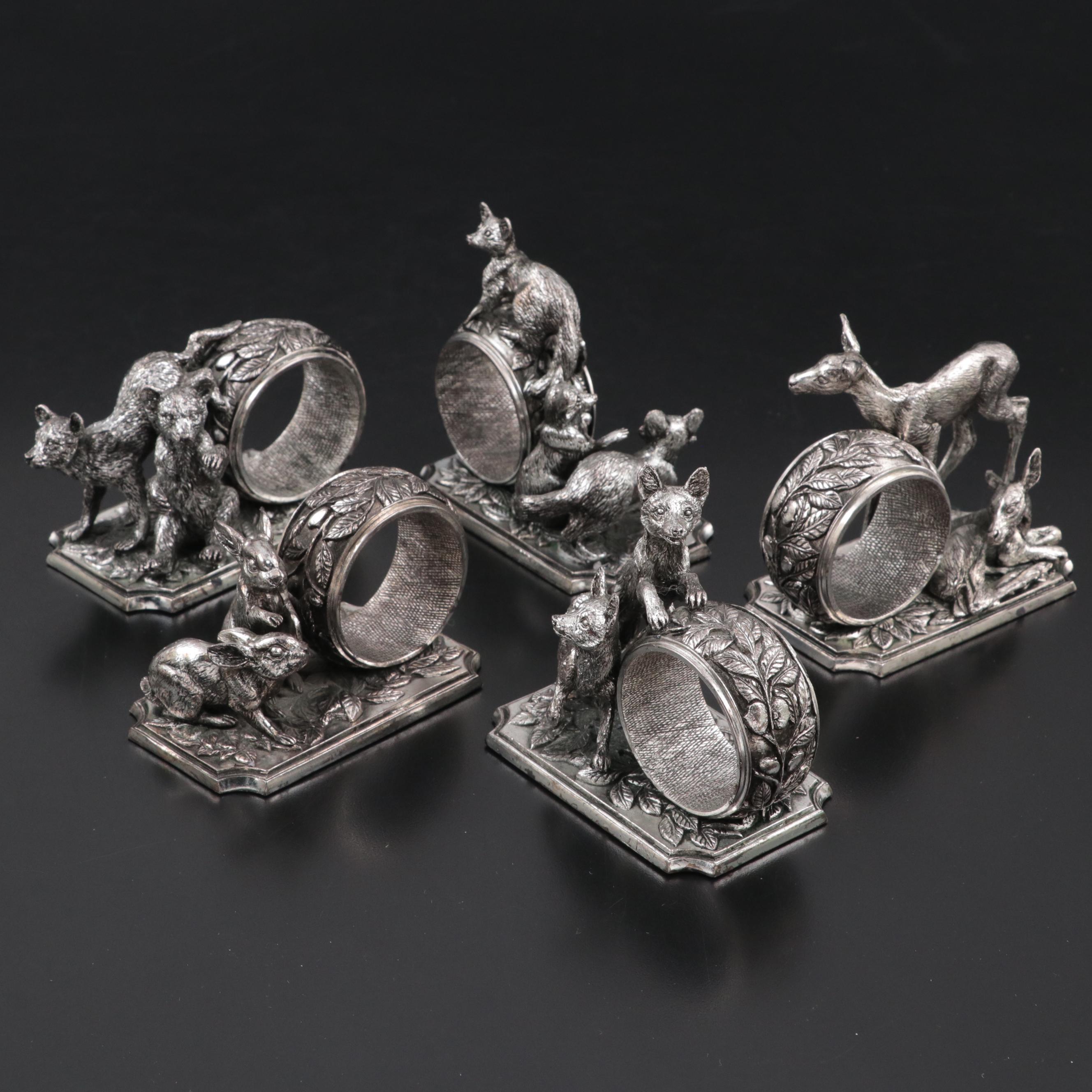 The Franklin Mint "Animals at Play" Silver Plate Sculptured Napkin Rings, 1977