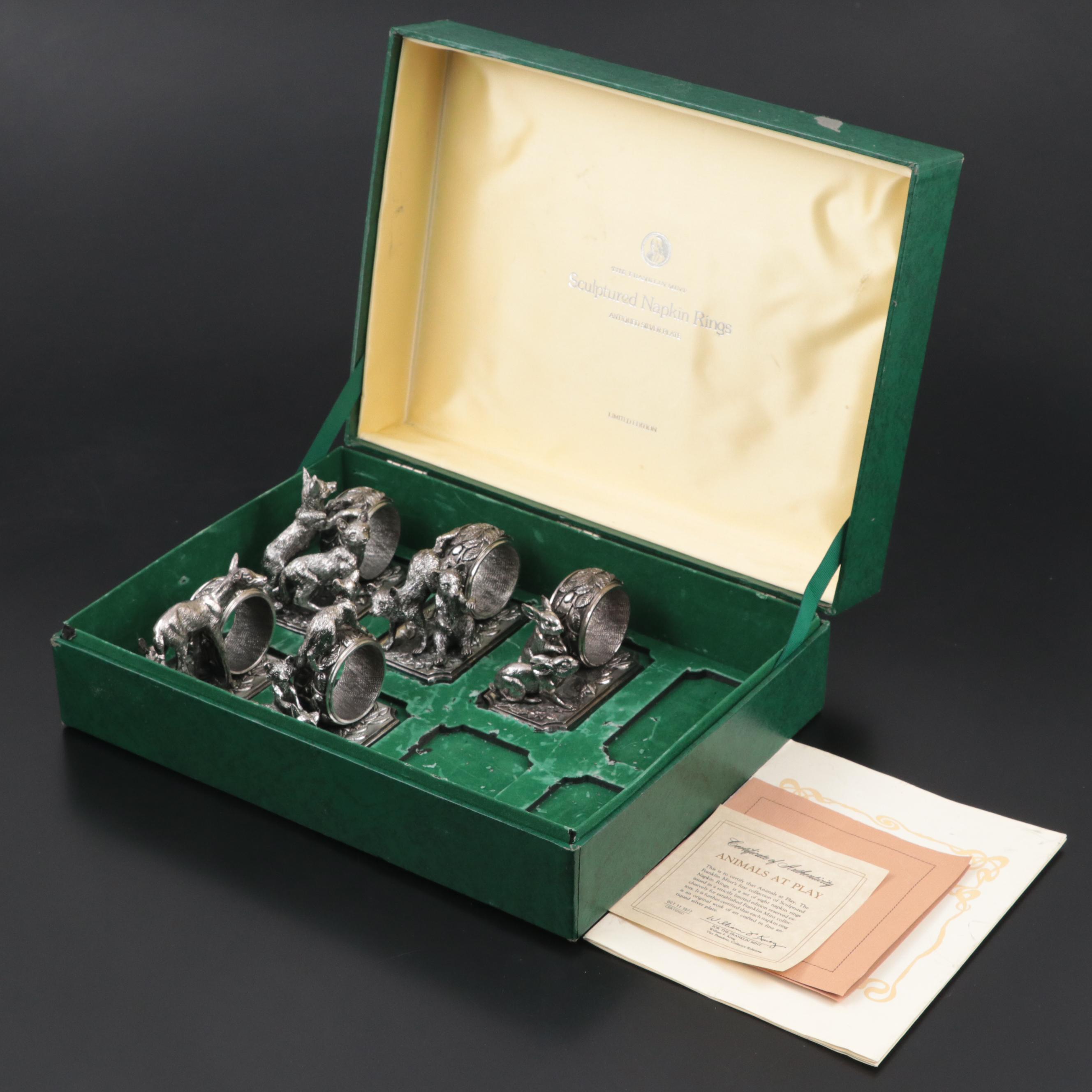 The Franklin Mint "Animals at Play" Silver Plate Sculptured Napkin Rings, 1977