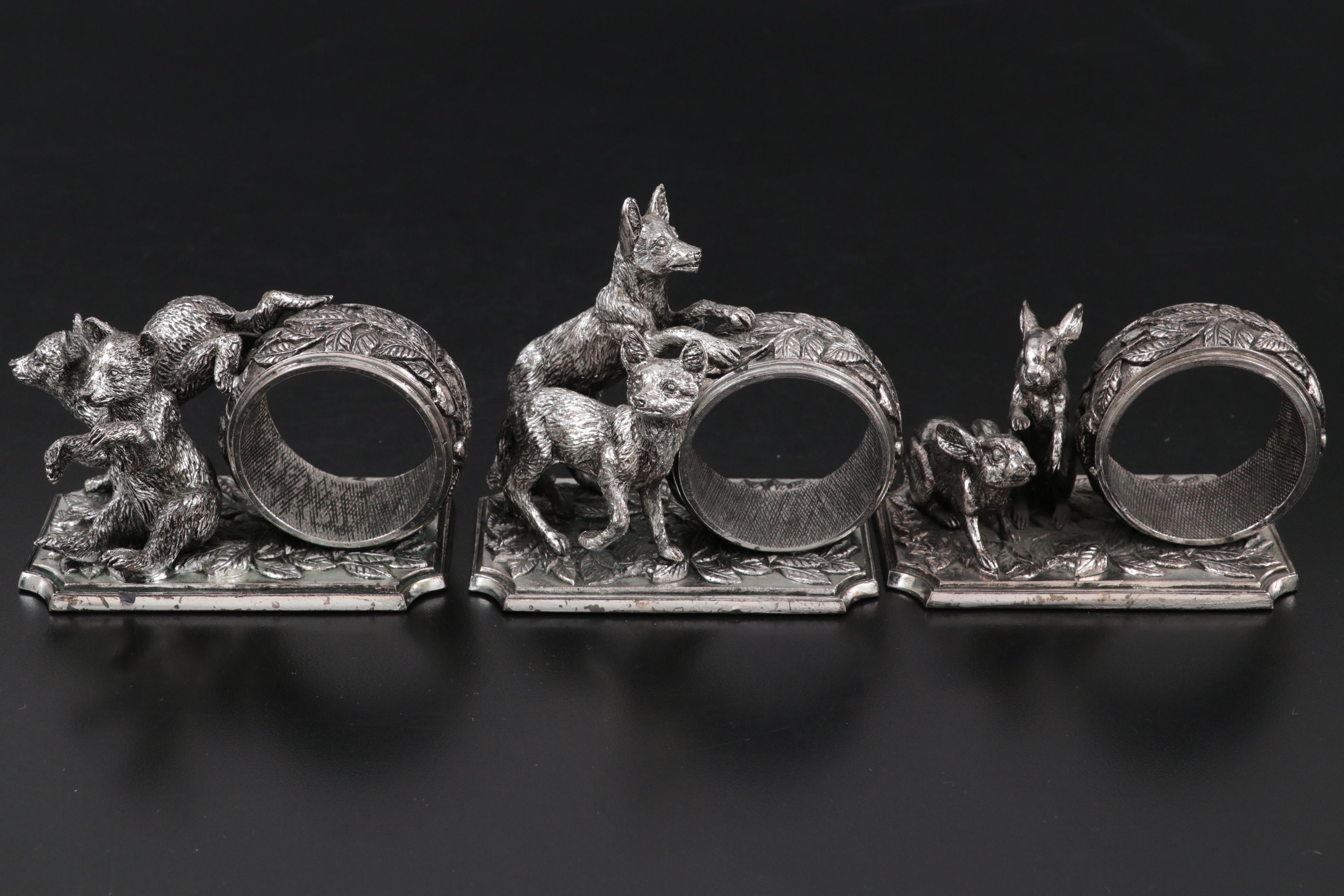 The Franklin Mint "Animals at Play" Silver Plate Sculptured Napkin Rings, 1977
