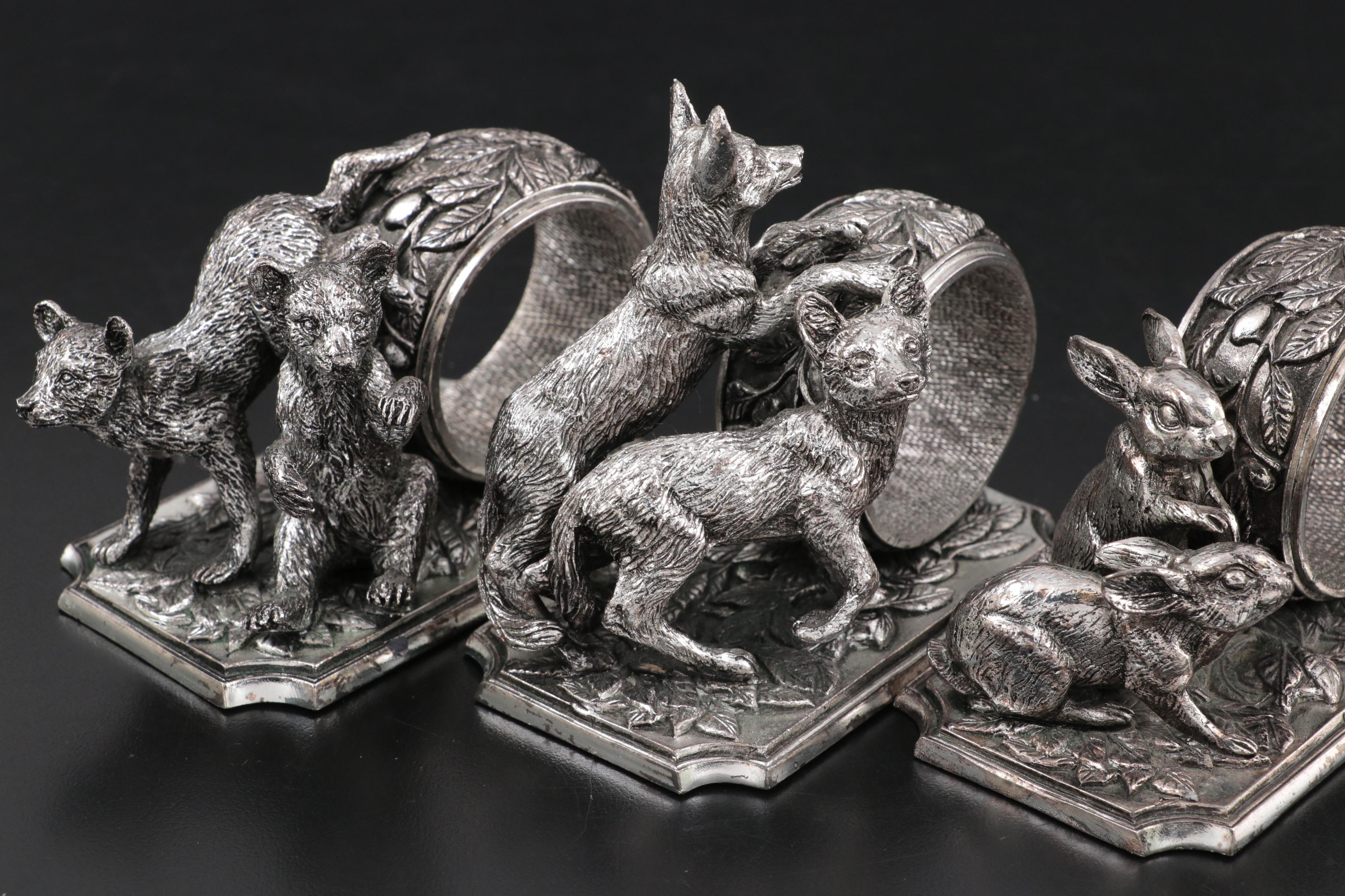 The Franklin Mint "Animals at Play" Silver Plate Sculptured Napkin Rings, 1977