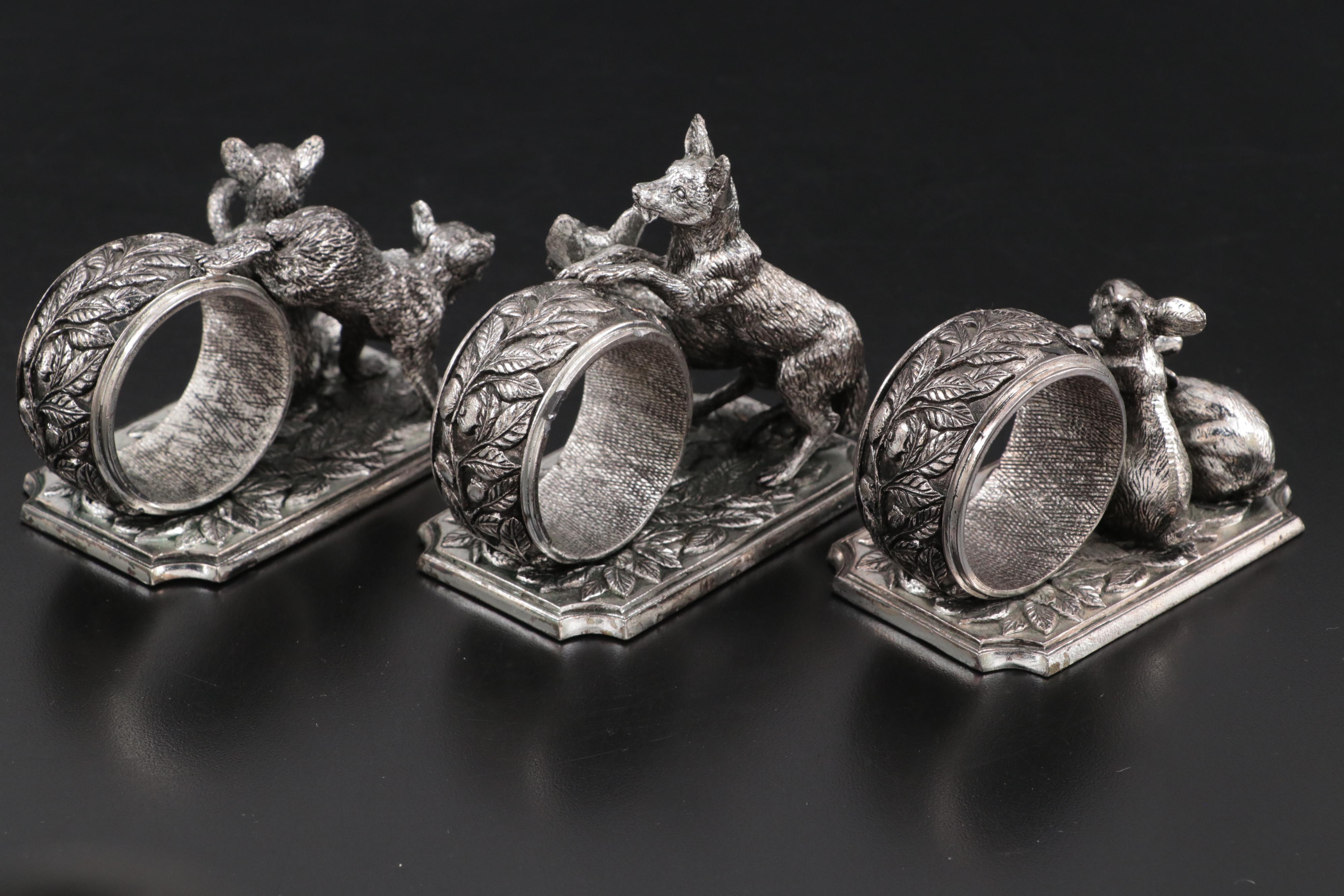 The Franklin Mint "Animals at Play" Silver Plate Sculptured Napkin Rings, 1977